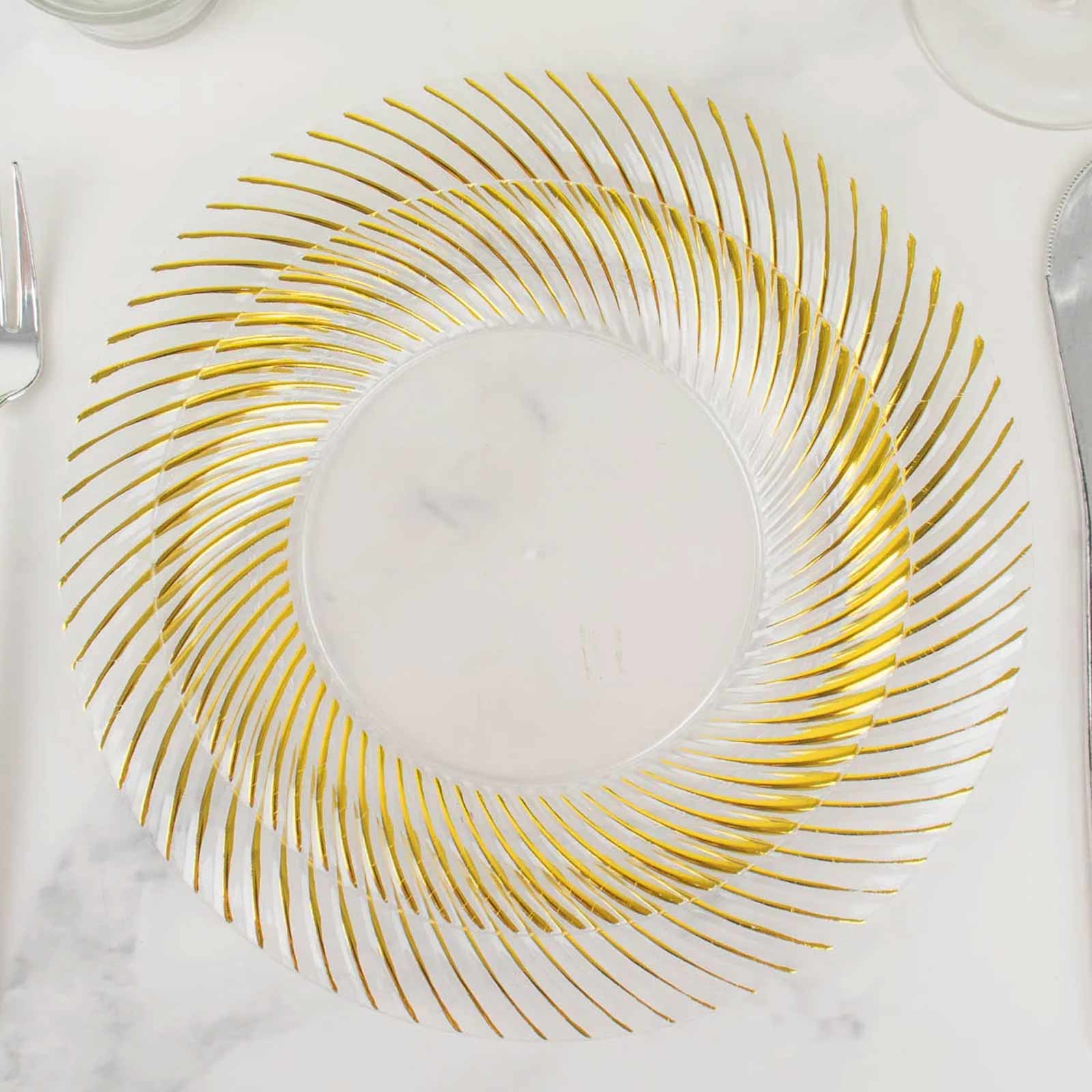 10-Pack Plastic 7" Round Dessert Plates in Clear with Gold Swirl Rim