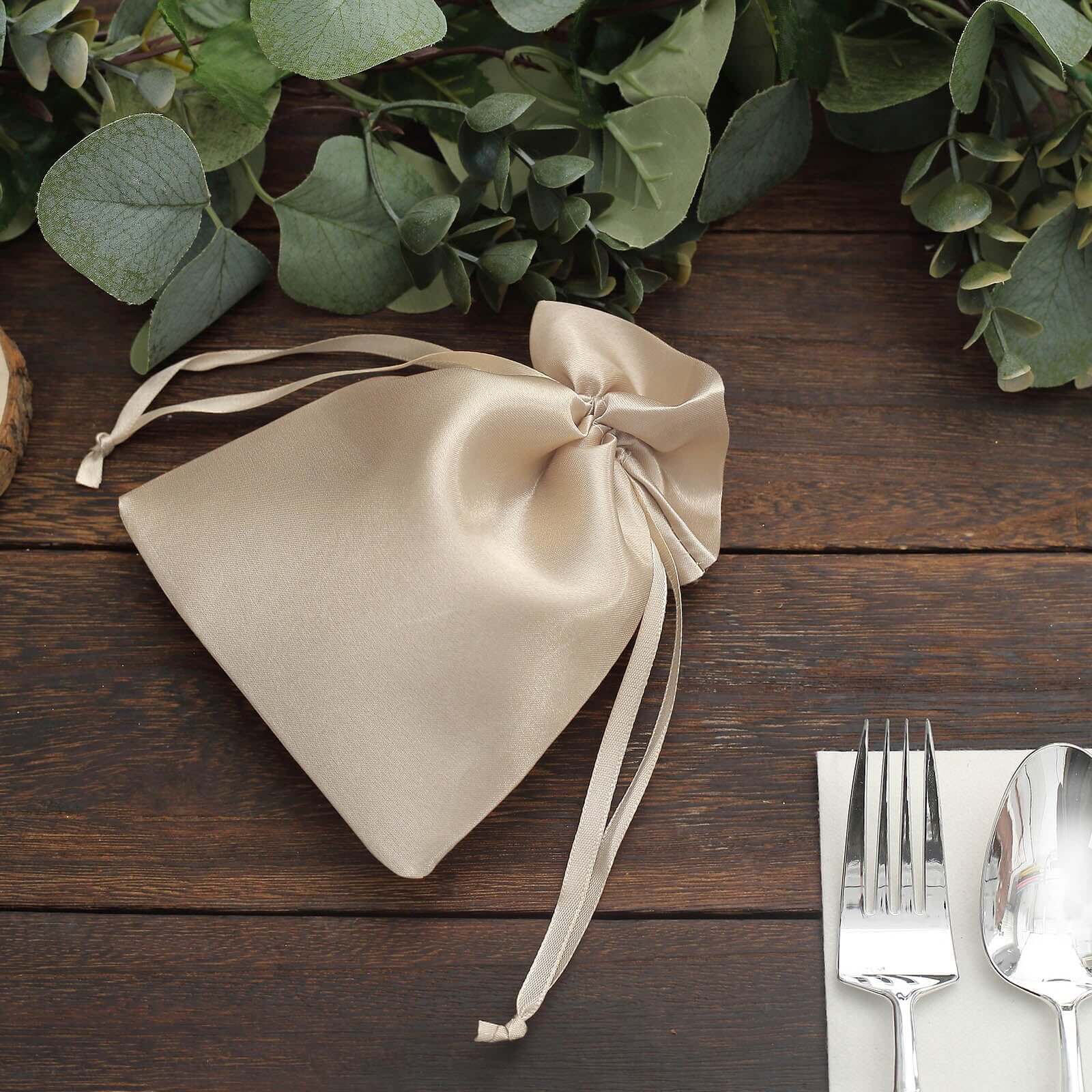 12 Pack 5"x7" Beige Satin Drawstring Wedding Party Favor Gift Bags
