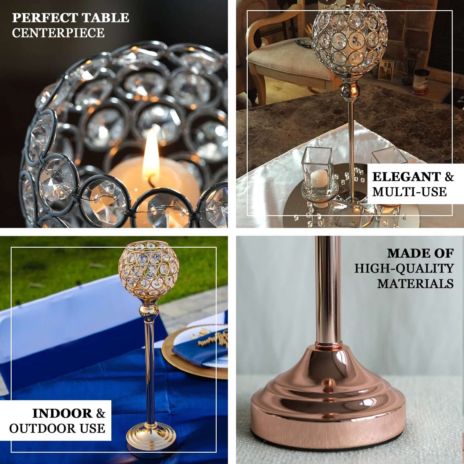 Crystal Votive Pillar Holder Metal 16" Gold - Chic Round Tealight Stand for Events