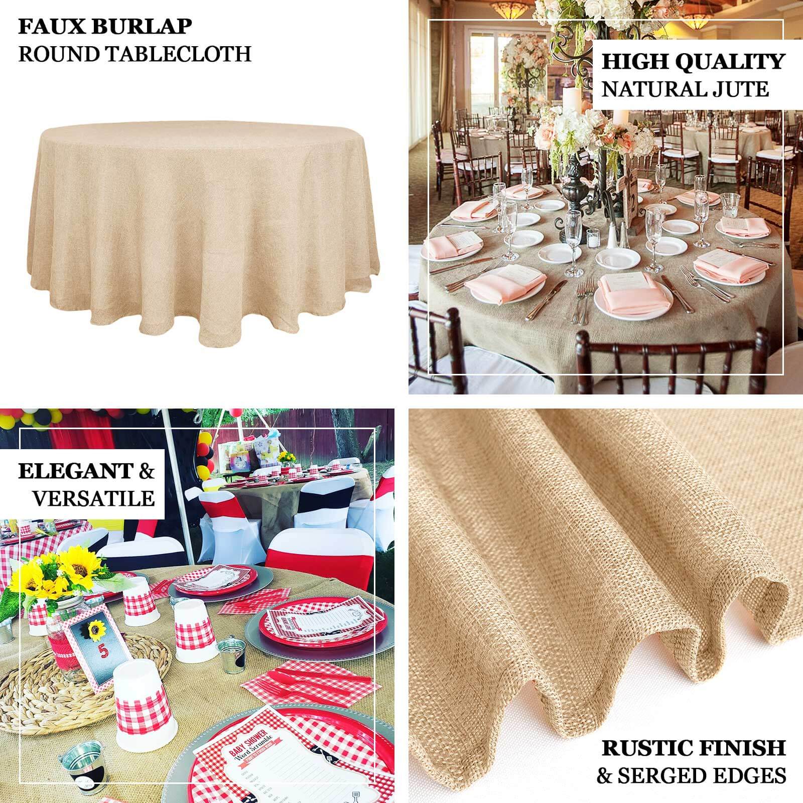 Faux Burlap Jute 108" Round Tablecloth Natural - Rustic Event Table Linen