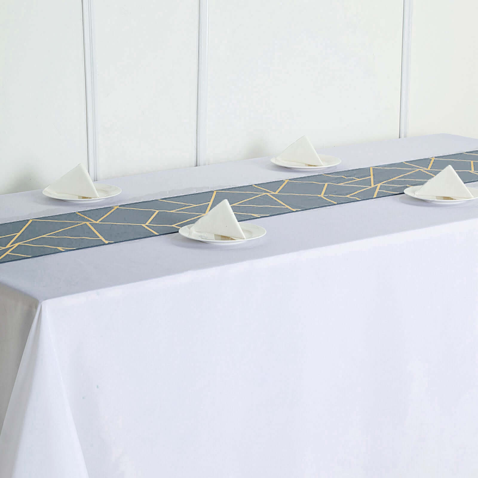 Polyester 9ft Table Runner Dusty Blue with Gold Foil Modern Geometric Accent