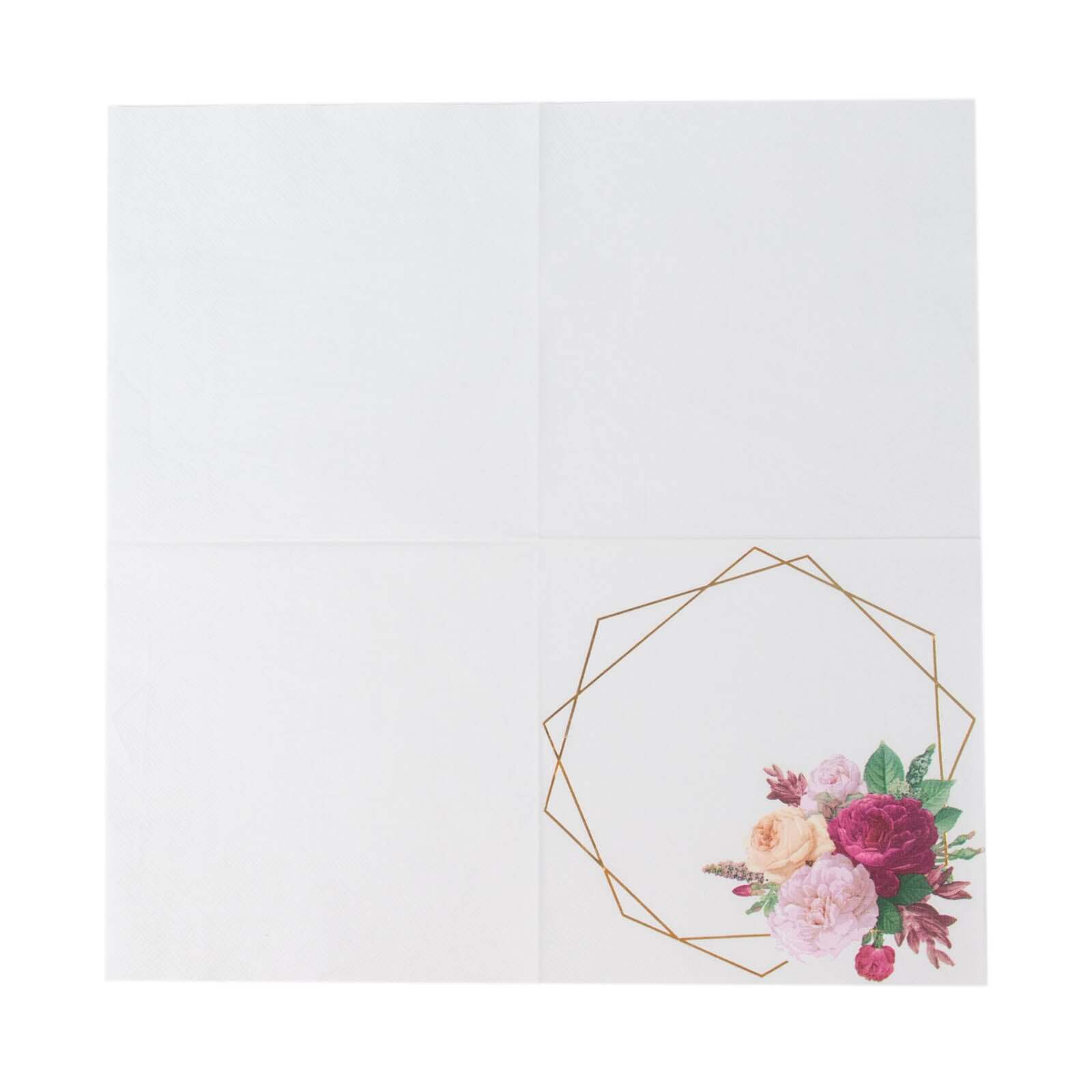 20-Pack Paper Napkins White with Gold Hexagon Frame & Floral Print 6.5"