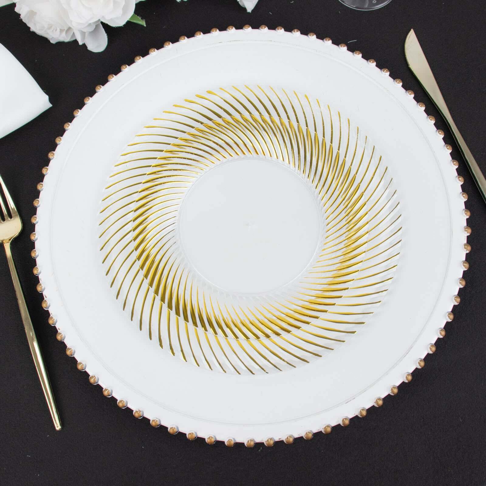 10-Pack Plastic 7" Round Dessert Plates in Clear with Gold Swirl Rim