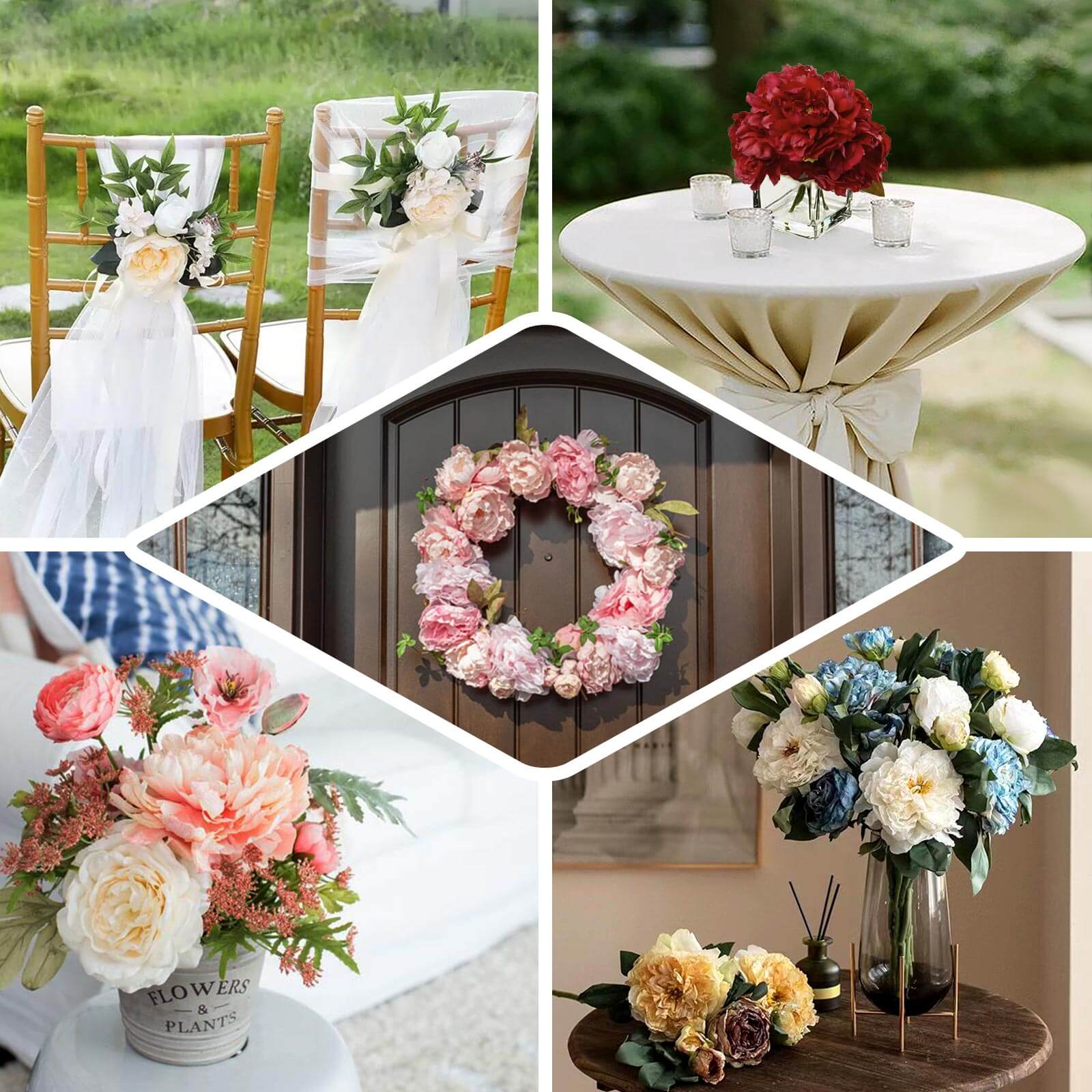 2 Bushes 17" White Artificial Silk Peony Flower Bouquets, Real Touch Peonies Spray