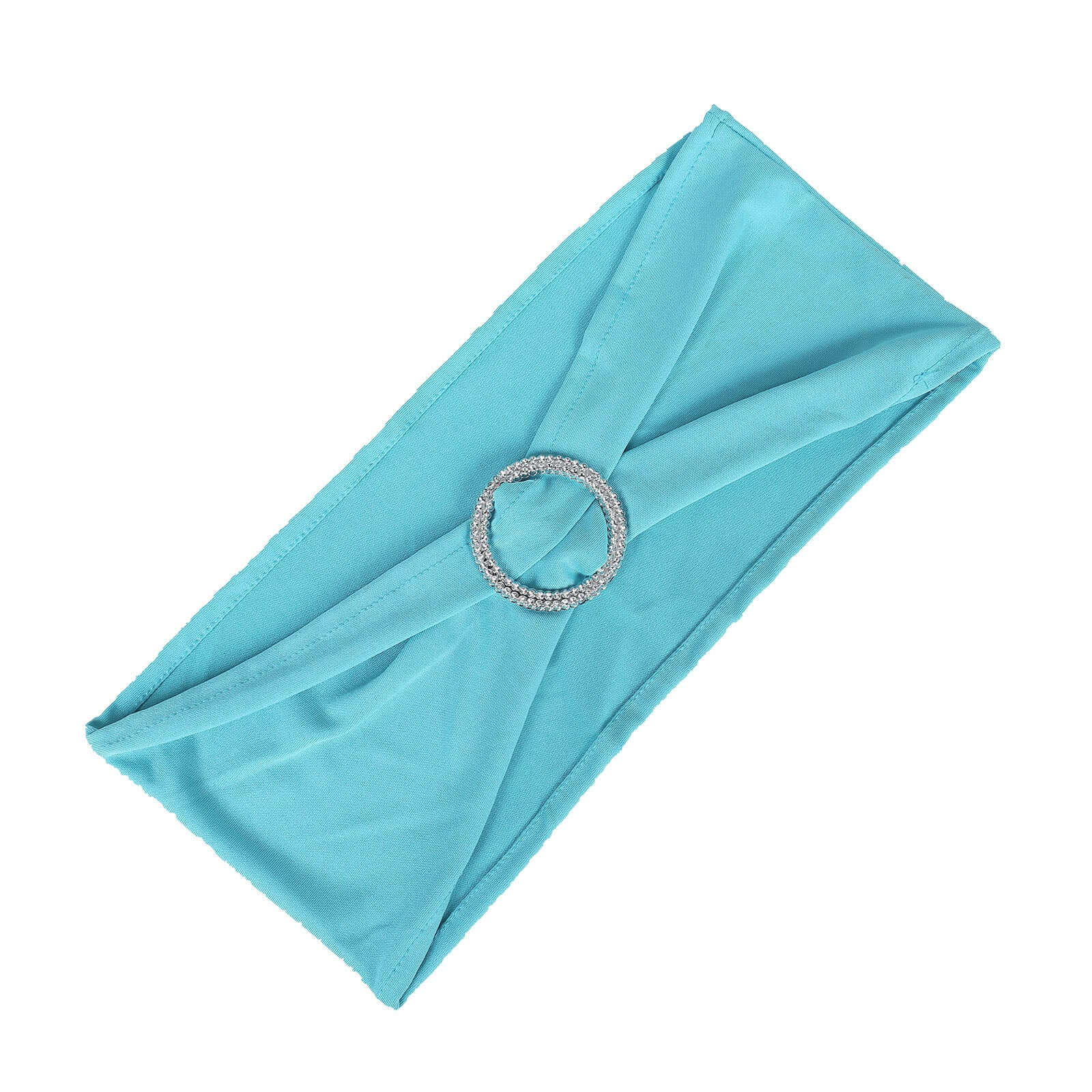 5 Pack Stretch Spandex Chair Sashes Turquoise - Reusable Chair Bands with Silver Diamond Ring Slide Buckle 5"x14"