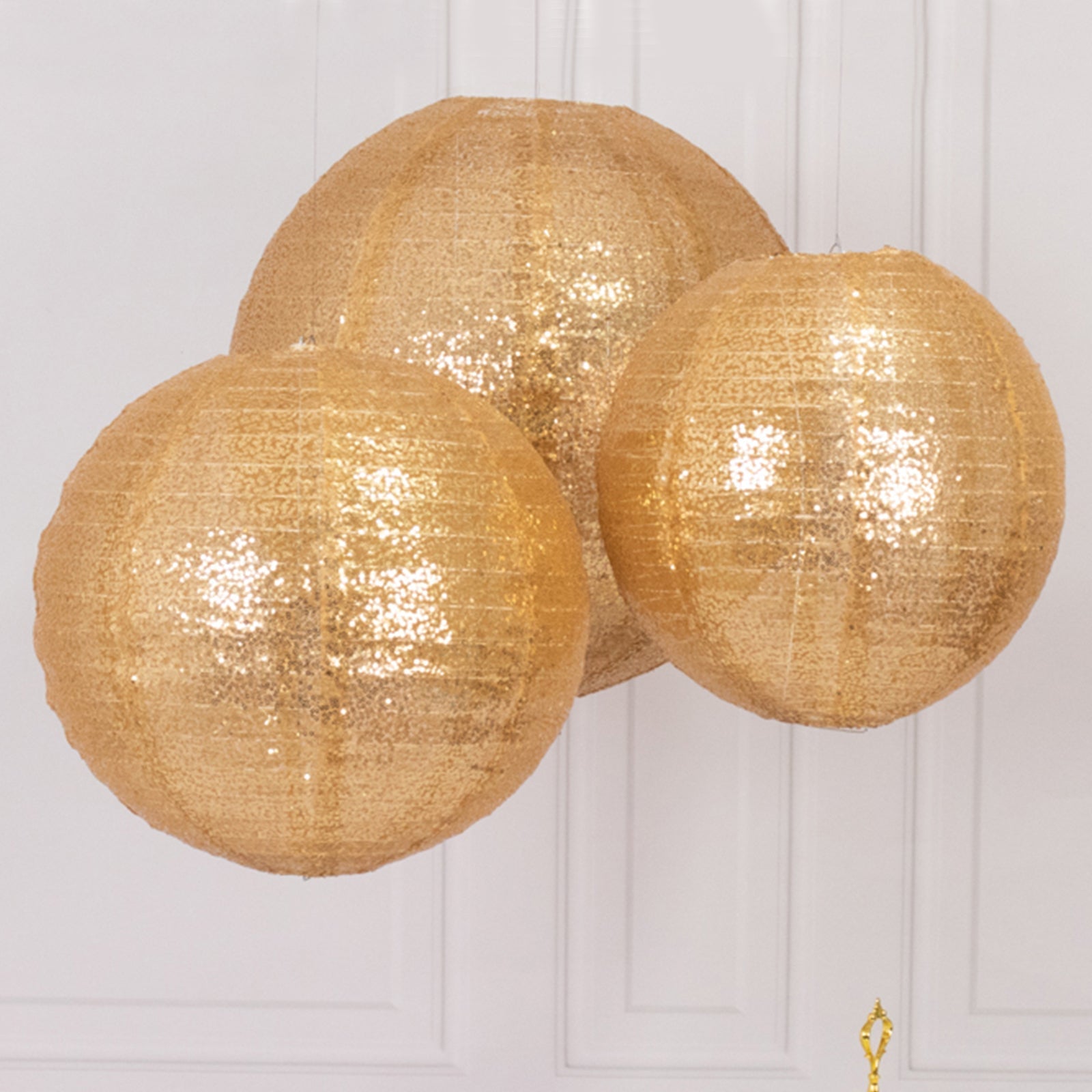 Set of 3 Glitter Gold Sequin Fabric Hanging Lanterns, Large Decorative Round Foldable Chinese Lantern Lampshades - 14",16",20"