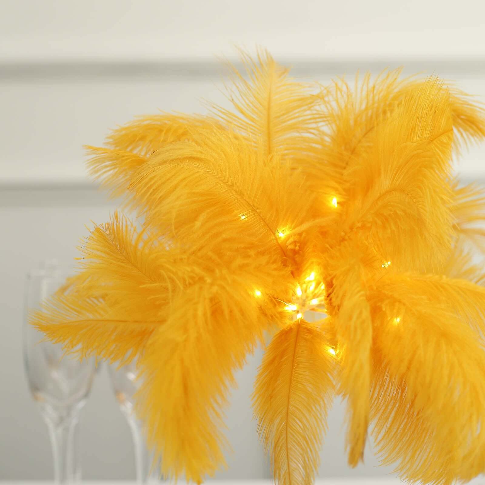 Table Lamp Ostrich Feather Design Gold LED Battery Operated - Cordless Wedding Centerpiece 15"