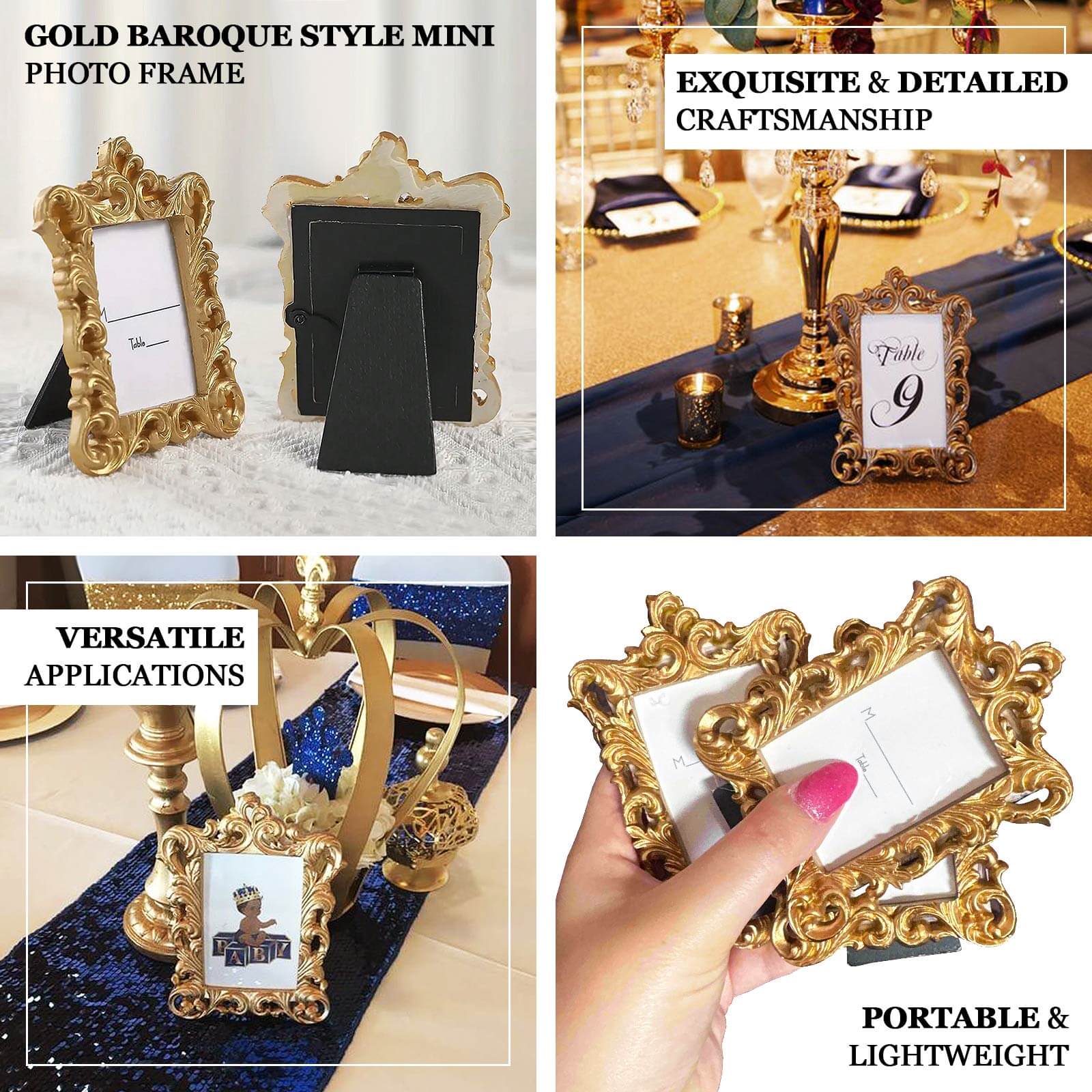 4-Pack Picture Frames Gold Resin Vintage Ornate Design Rectangle - Mini Photo Frame Wedding Place Card Holders & Party Favors 4"x3"