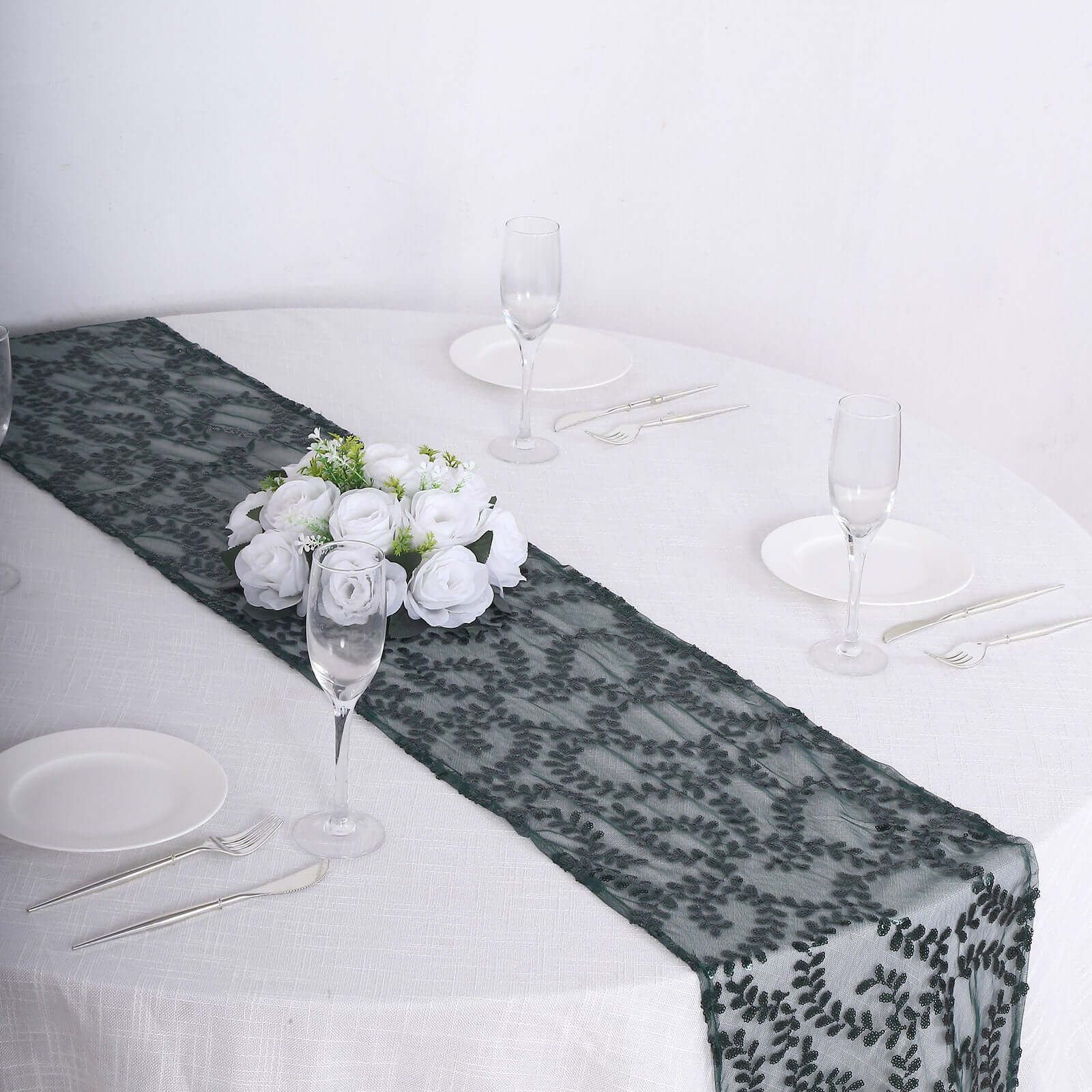 Mesh 12"x108" Table Runner Hunter Emerald Green - Leaf Vine Embroidery