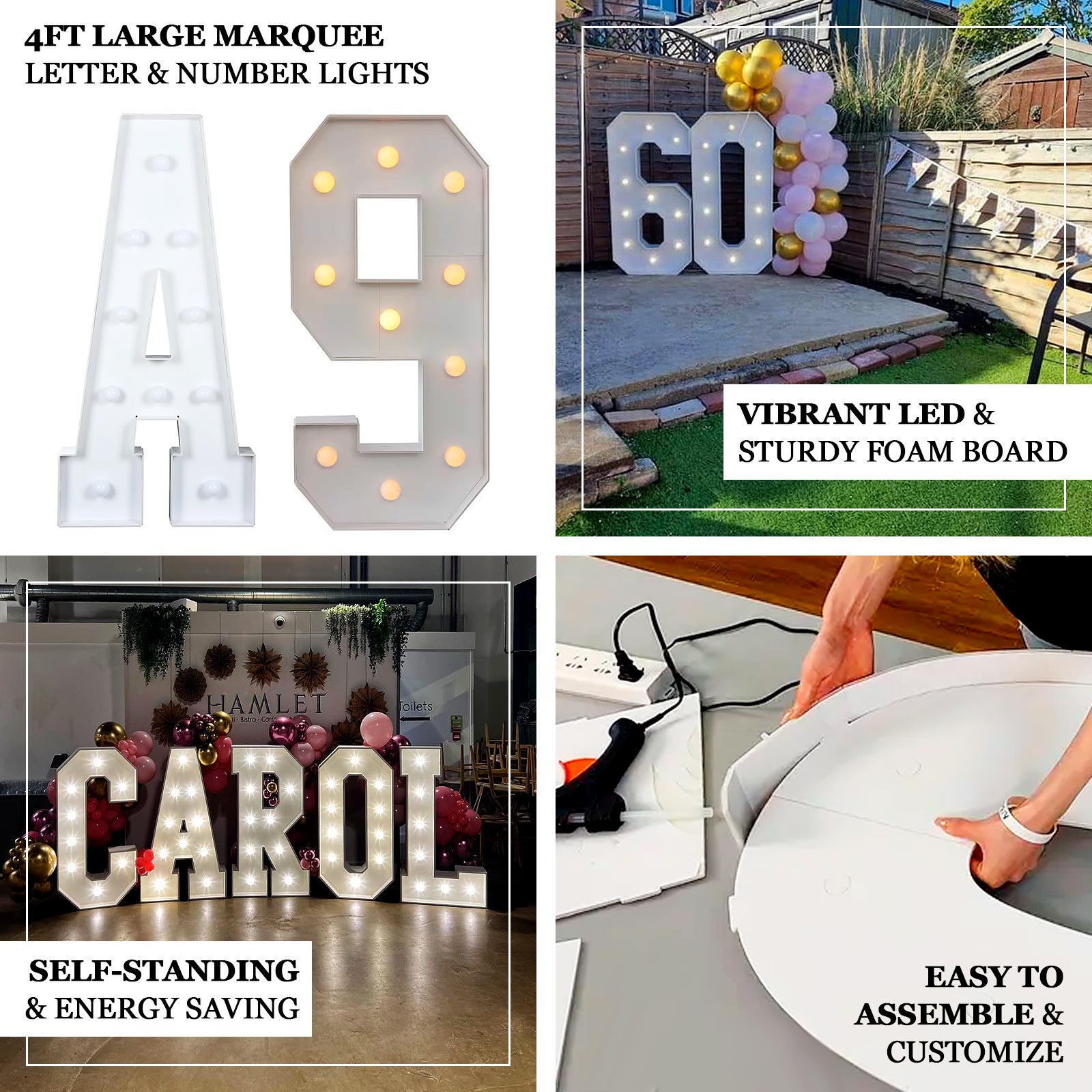 Giant LED Marquee Light Up Number "1", White 4ft Pre-Cut Foam Board with 10 Warm White Battery Operated LEDs, Glue Gun and Sticks