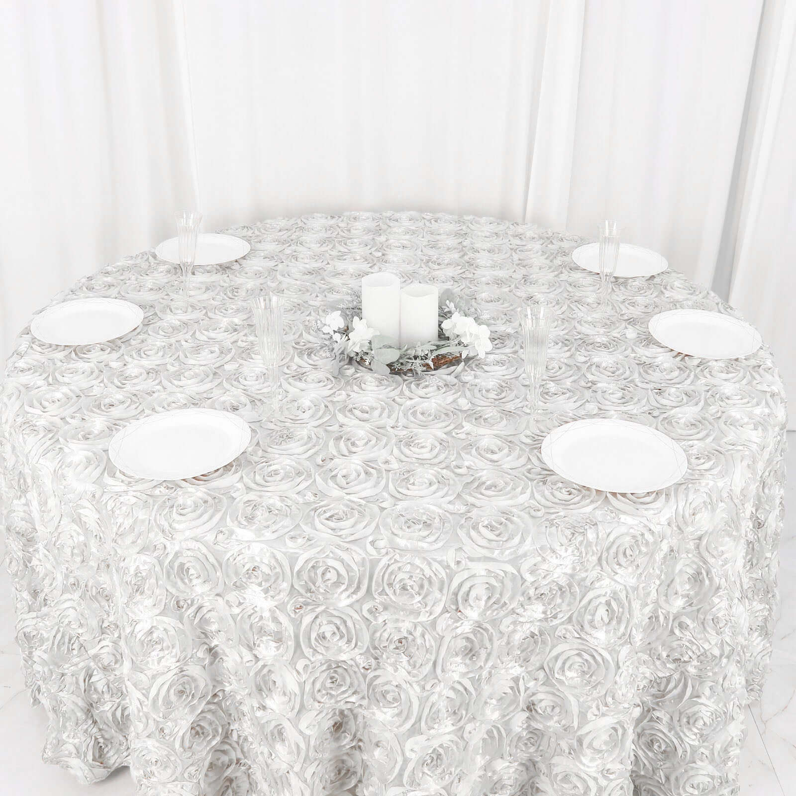 Satin 120" Round Tablecloth White - Grandiose 3D Rosette Design with Seamless Finish for Luxe Events