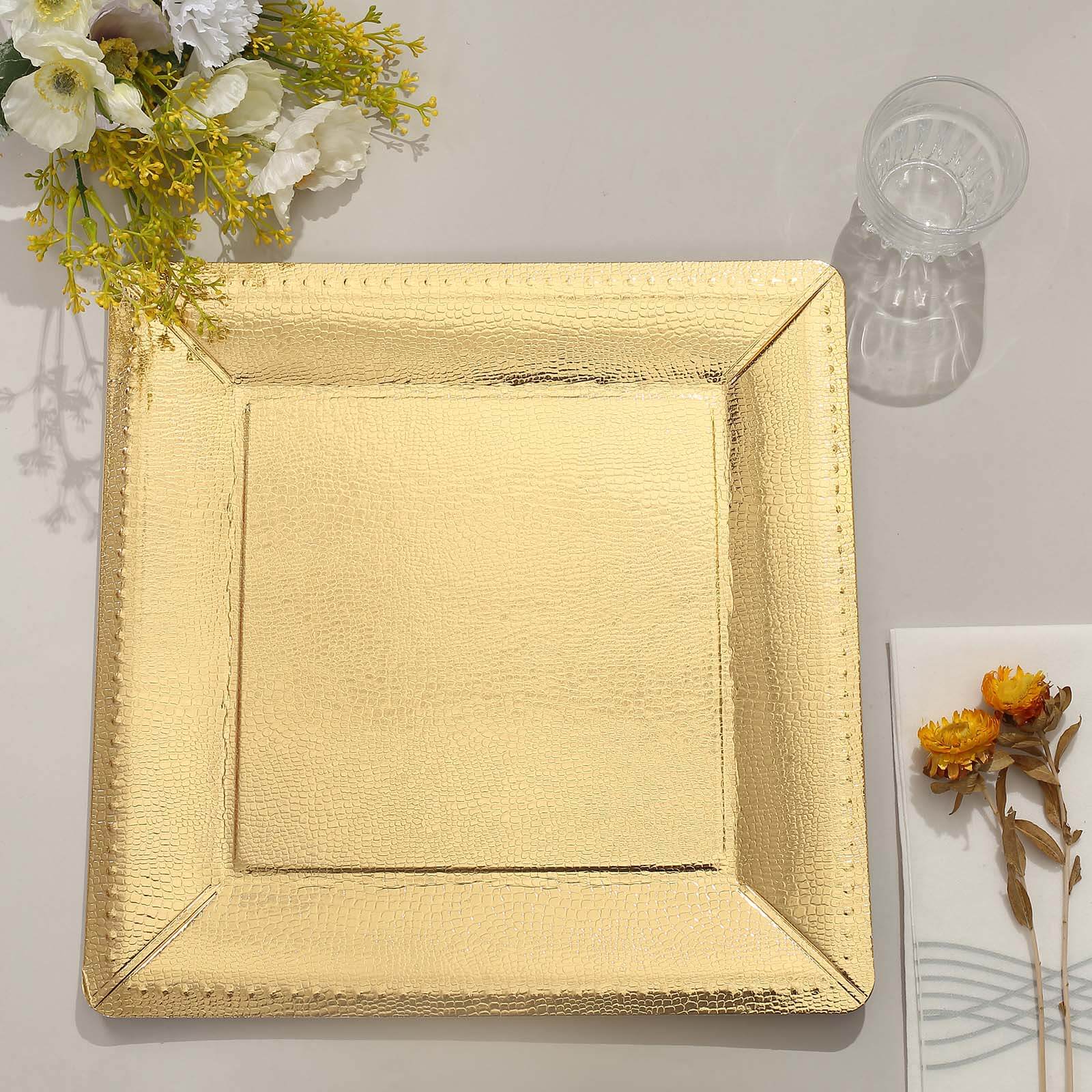 10-Pack Disposable Square Charger Plates in Gold with Leather Like Texture - 1100GSM Durable Paper Chargers 13"
