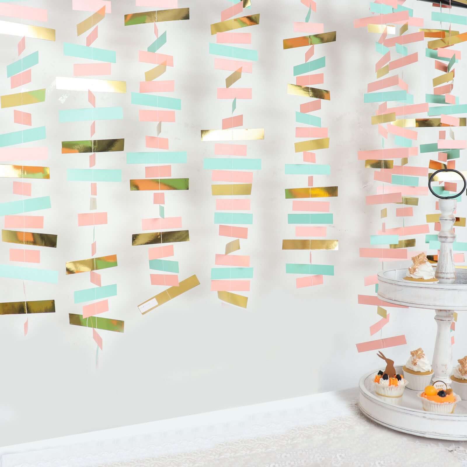 Gold, Blush and Turquoise Confetti-Like Paper Party Garland Streamer, Hanging Backdrop Decoration - 6.5ft
