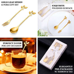 Gold Metal Spoon & Fork Pre-Packed Wedding Party Favors Set With Leaf Shaped Handle, Bridal Shower Souvenir Gift Box - 5"