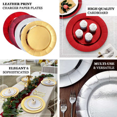 10-Pack Disposable Round Charger Plates in Burgundy with Leathery Texture - Durable 1100GSM Cardboard Placemats 13"