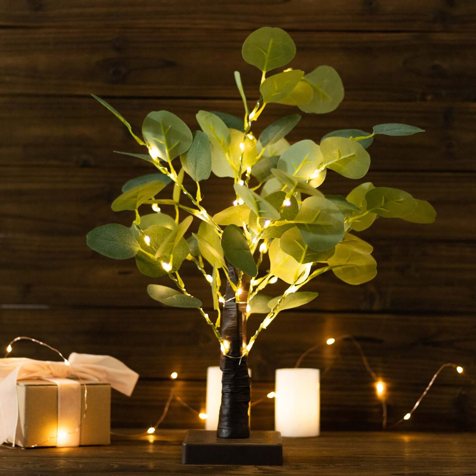 50 LED Lighted Artificial Tree Eucalyptus Plant Design Green Warm White - Battery Operated Table Accent 17"