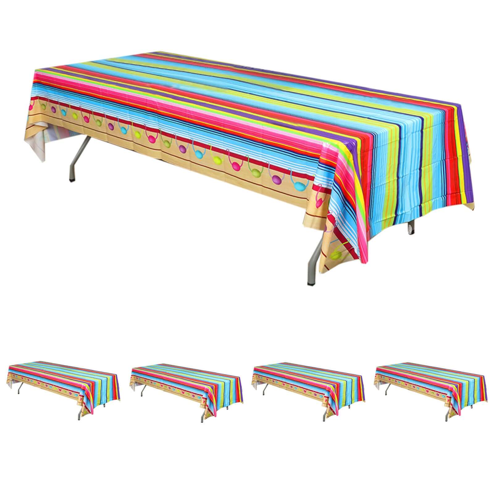 5-Pack Plastic Table Covers Mexican Serape Rectangle - Vibrant PVC Disposable Tablecloths for Cinco De Mayo 54"x108"