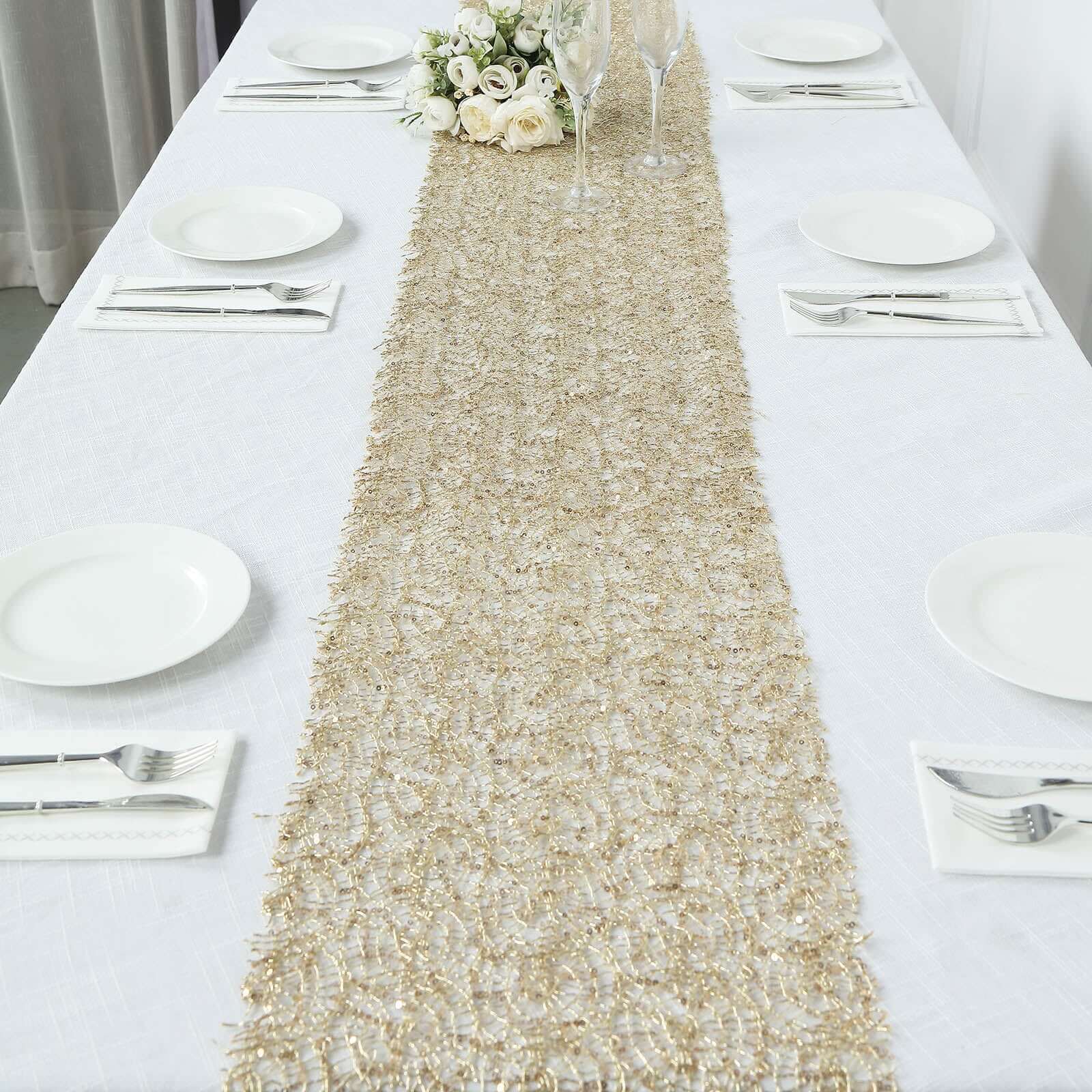 Mesh 12"x108" Table Runner Gold - Sequin Schiffli Lace Design for Stylish Celebrations