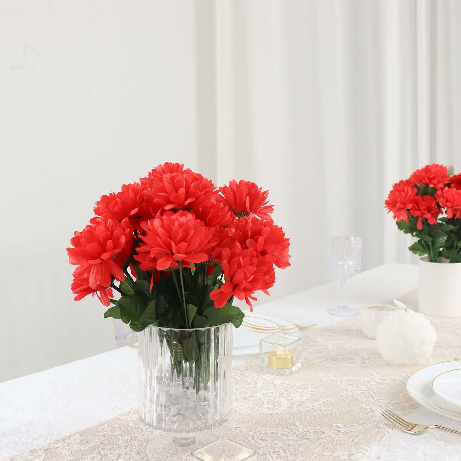 12 Bushes Red Artificial Silk Chrysanthemum Flower Bouquets