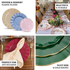 10-Pack Plastic 11" Round Dinner Plates in Black Ruffled Rim with Gold Edging - Sturdy Disposable Dinnerware