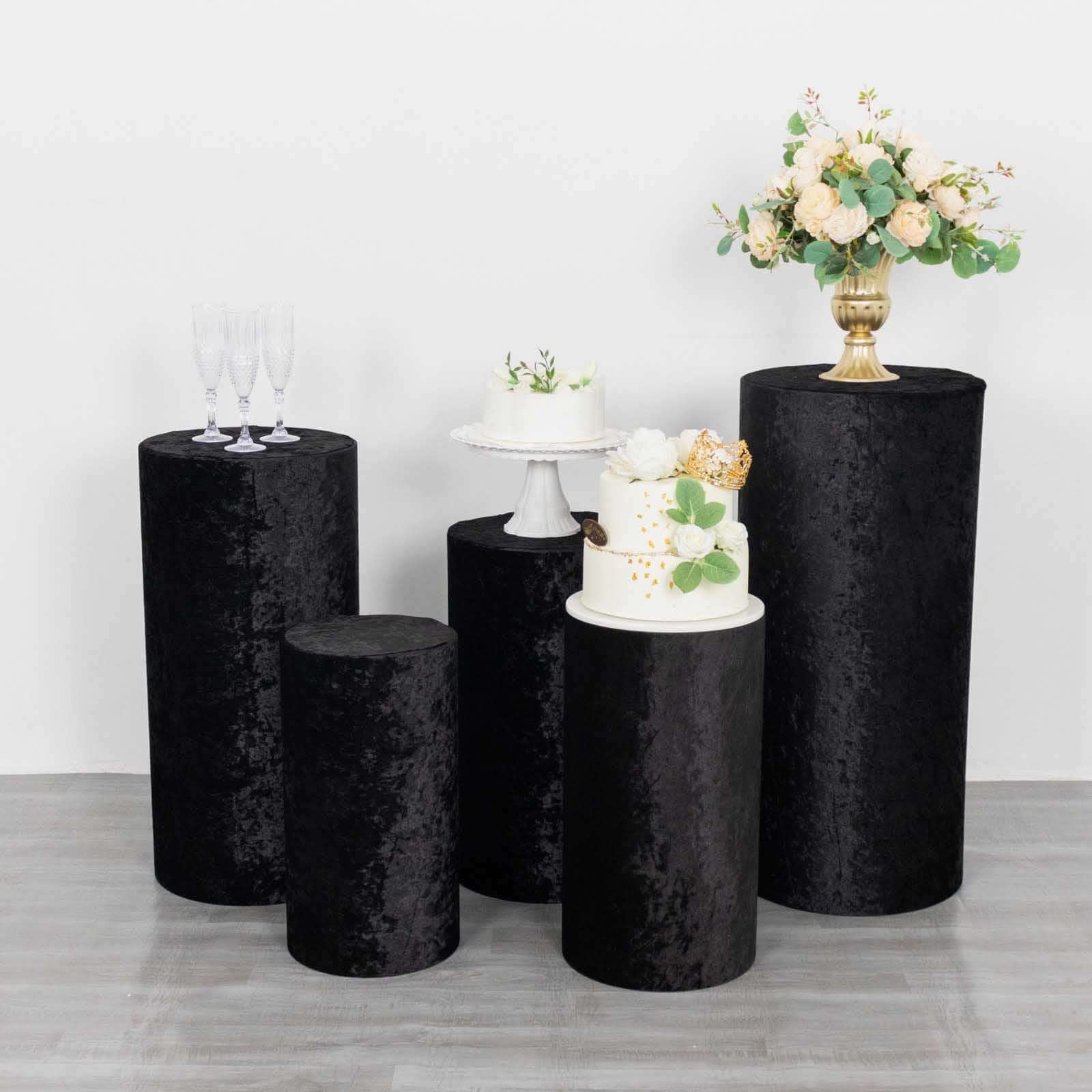 Set of 5 Black Crushed Velvet Cylinder Pedestal Stand Covers, Premium Pillar Prop Covers
