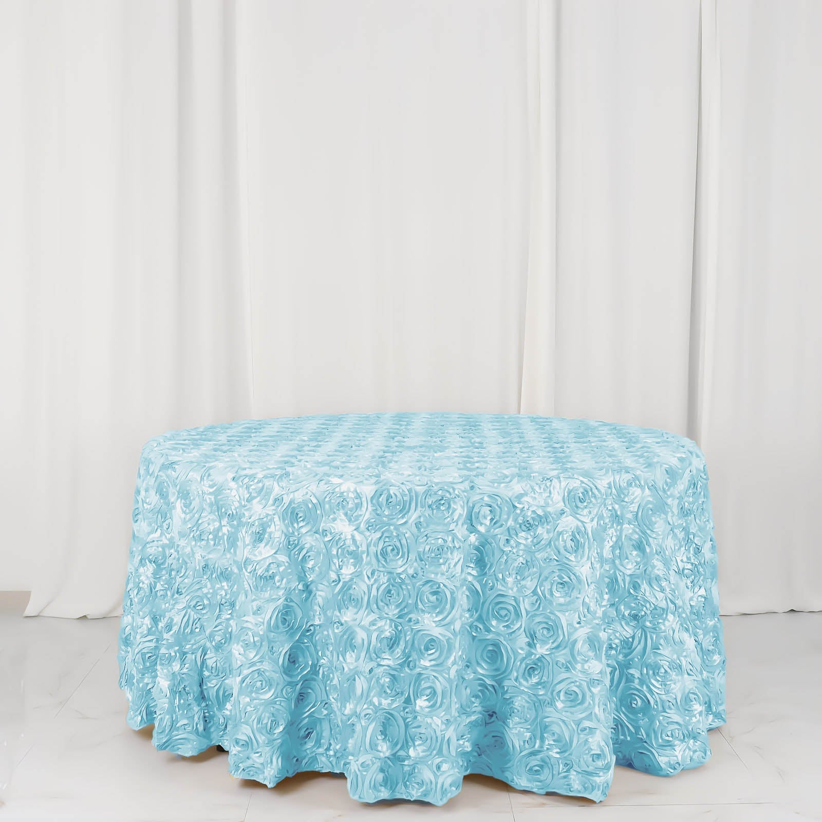 Satin 120" Round Tablecloth Light Blue - Grandiose 3D Rosette with Seamless Finish Table Cover
