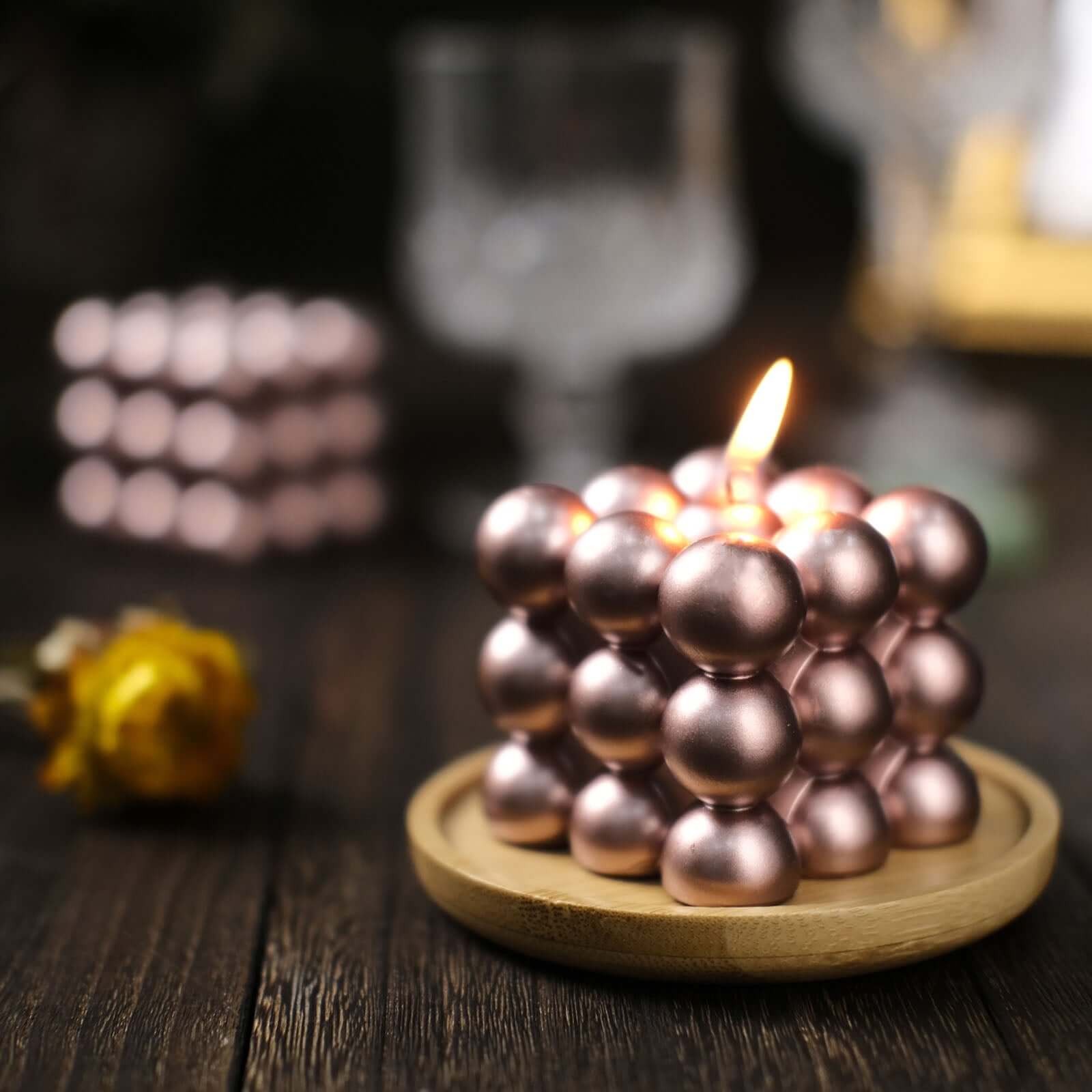 2-Pack Decorative Paraffin Wax Candles Bubble Cube Design Metallic Rose Gold - Unscented Long Burning Pillar Candle Set 2"