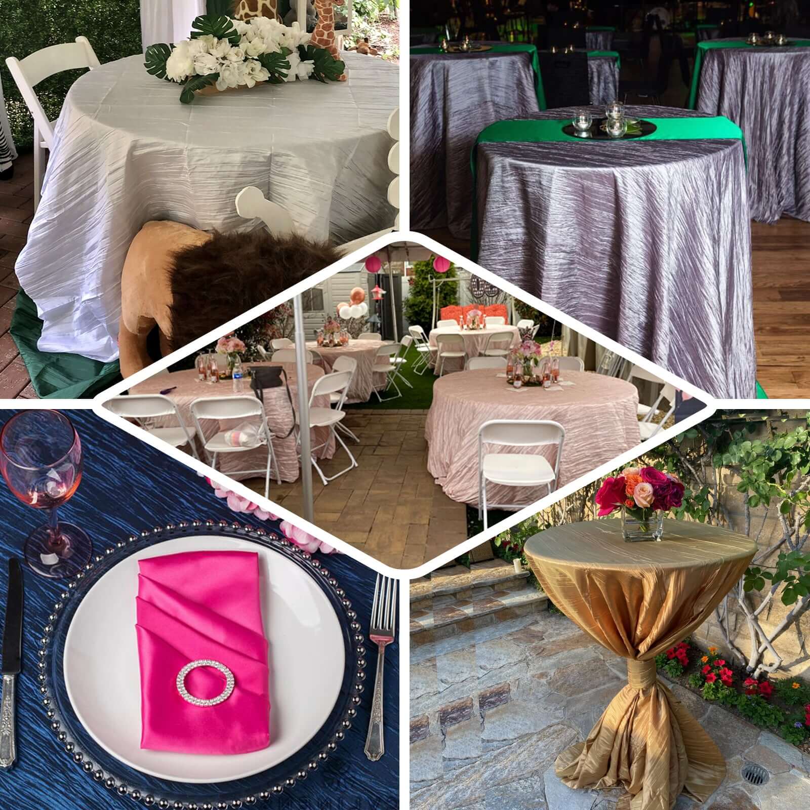 Taffeta 120" Round Tablecloth Black - Seamless Accordion Crinkle Design for Stylish Occasions