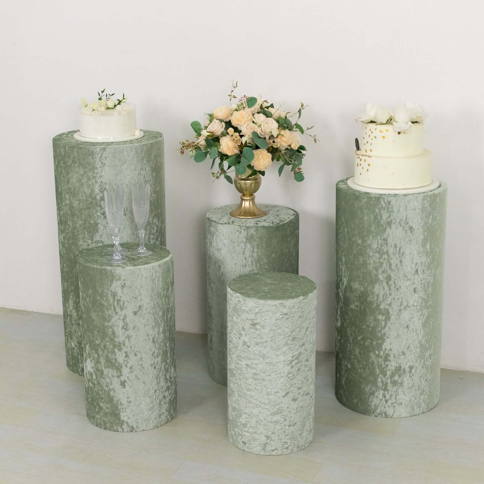 Set of 5 Sage Green Crushed Velvet Cylinder Pedestal Stand Covers, Premium Pillar Prop Covers