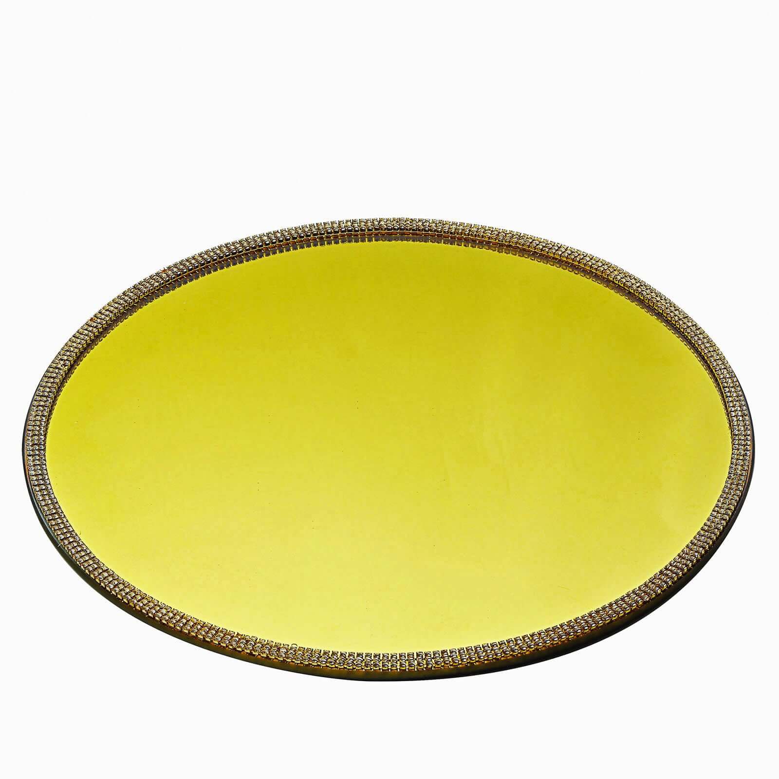 2-Pack Mirror Glass Round Charger Plates 13" with Metallic Gold Mirror Rhinestone Rim, Dazzling Decorative Chargers