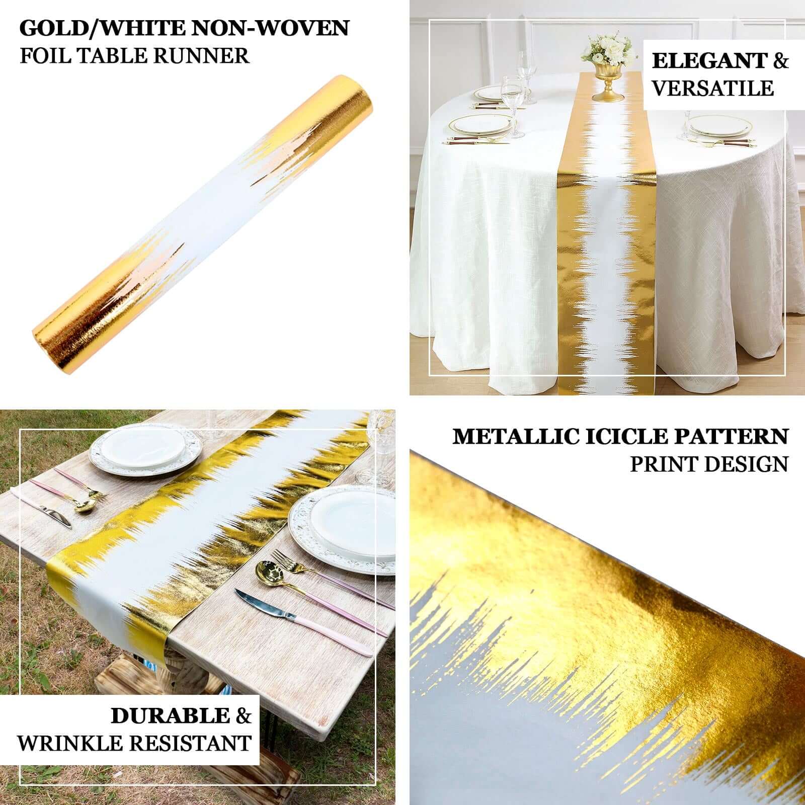 Disposable Table Runner Roll 108" Metallic Gold Foil Icicle Pattern - Stylish Non-Woven Table Decor for Special Occasions