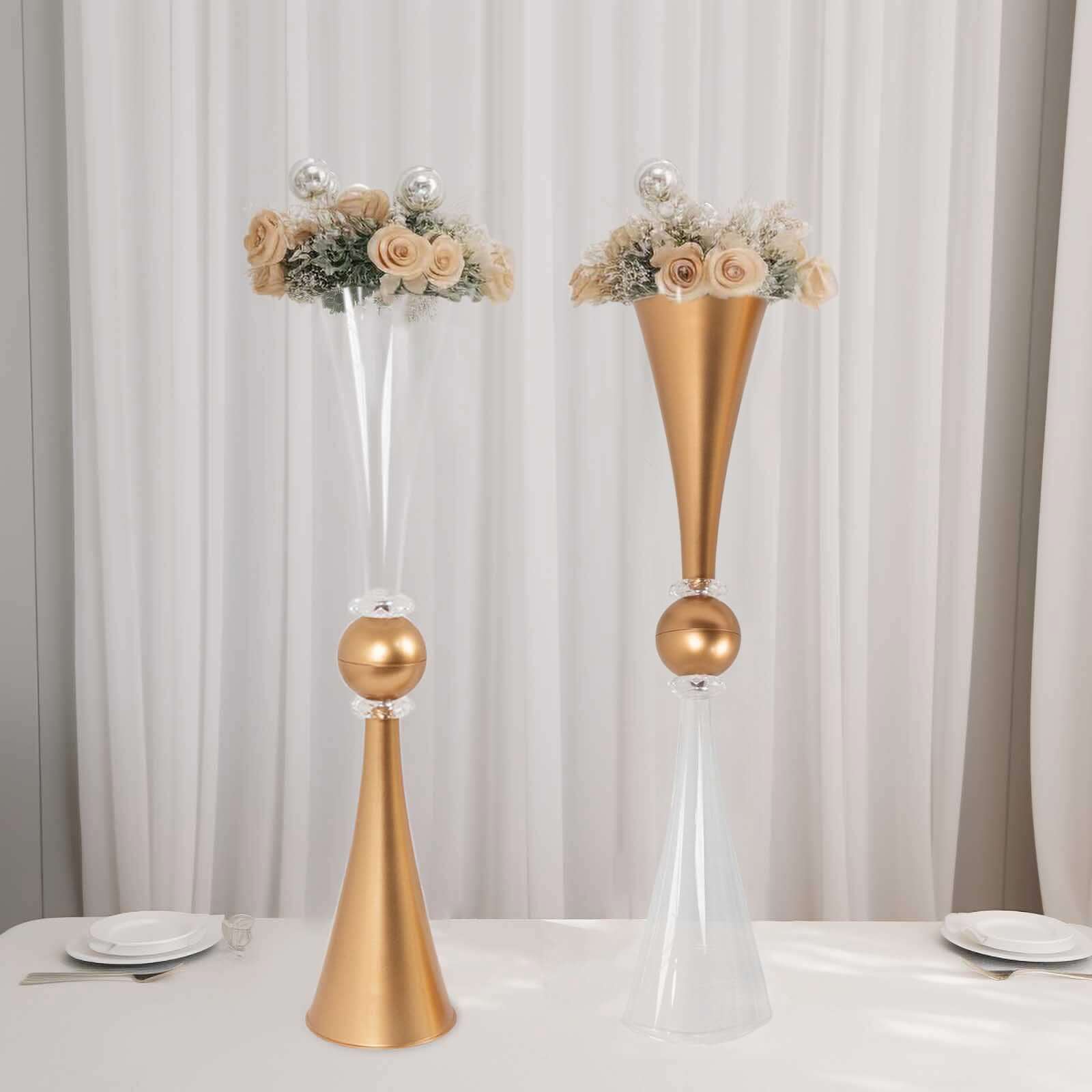 2-Pack Flower Vases Trumpet Design with Crystal Embellishments Clear and Gold - Reversible Plastic Centerpieces for Events 27"