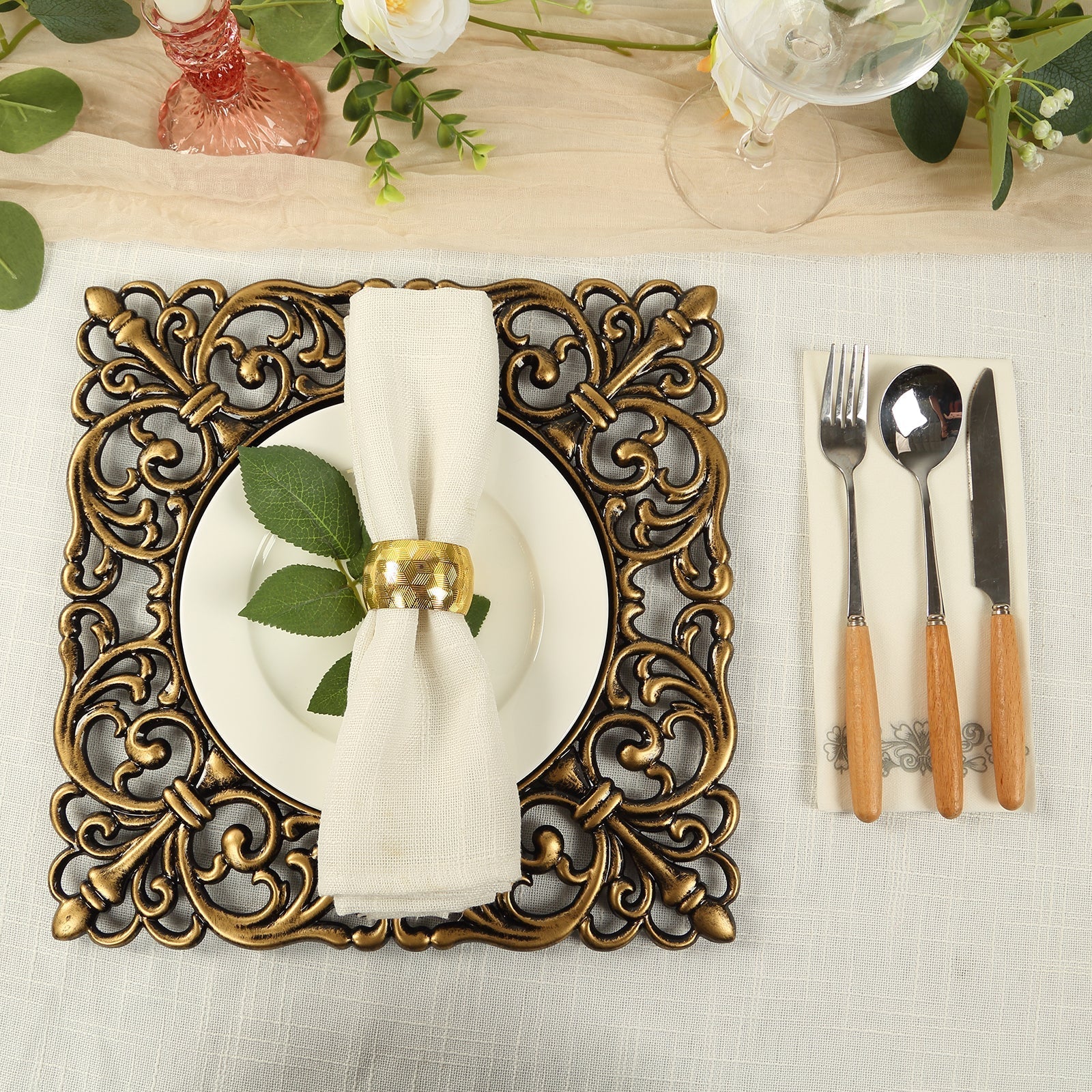 6-Pack Acrylic Square Charger Plates 12" in Black with Antique Gold Hollow Lace Border, Event Tabletop Decorative Charger Tableware