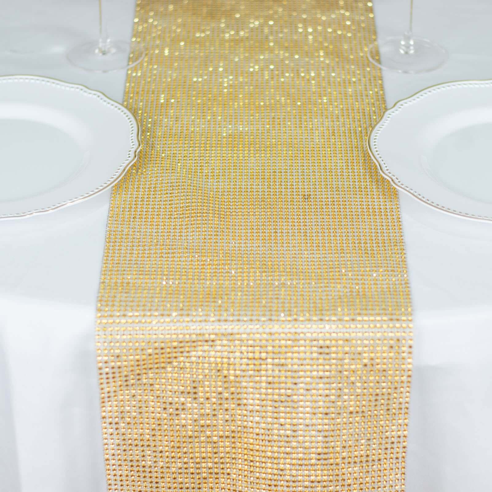 Crystal Rhinestone 10"x108" Table Runner Gold - Luxe Shiny Diamond Mesh Bling Table Runner Roll