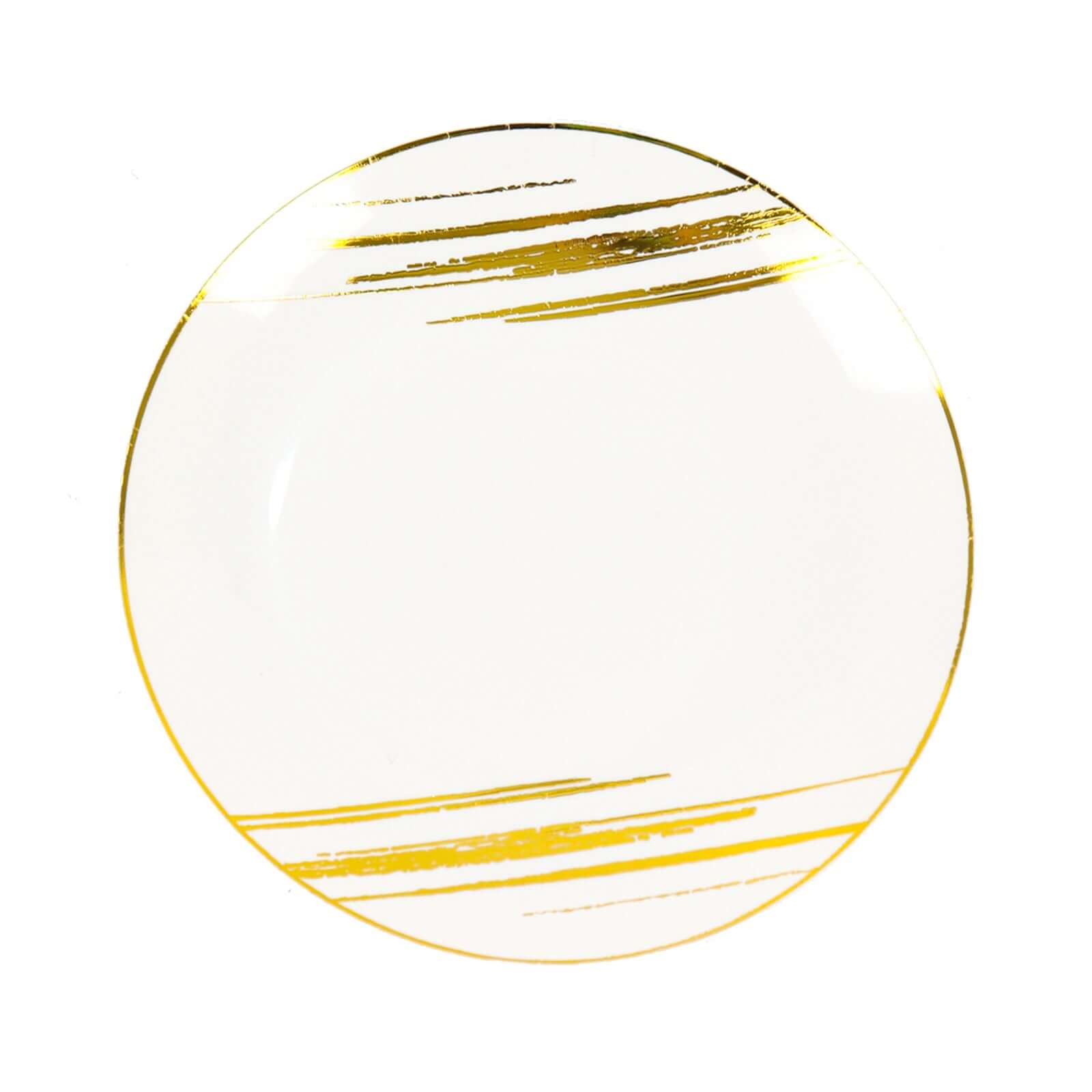 10-Pack Plastic 7" Round Dessert Plates in White with Gold Brush Stroked Print - Disposable Appetizer Salad Plates