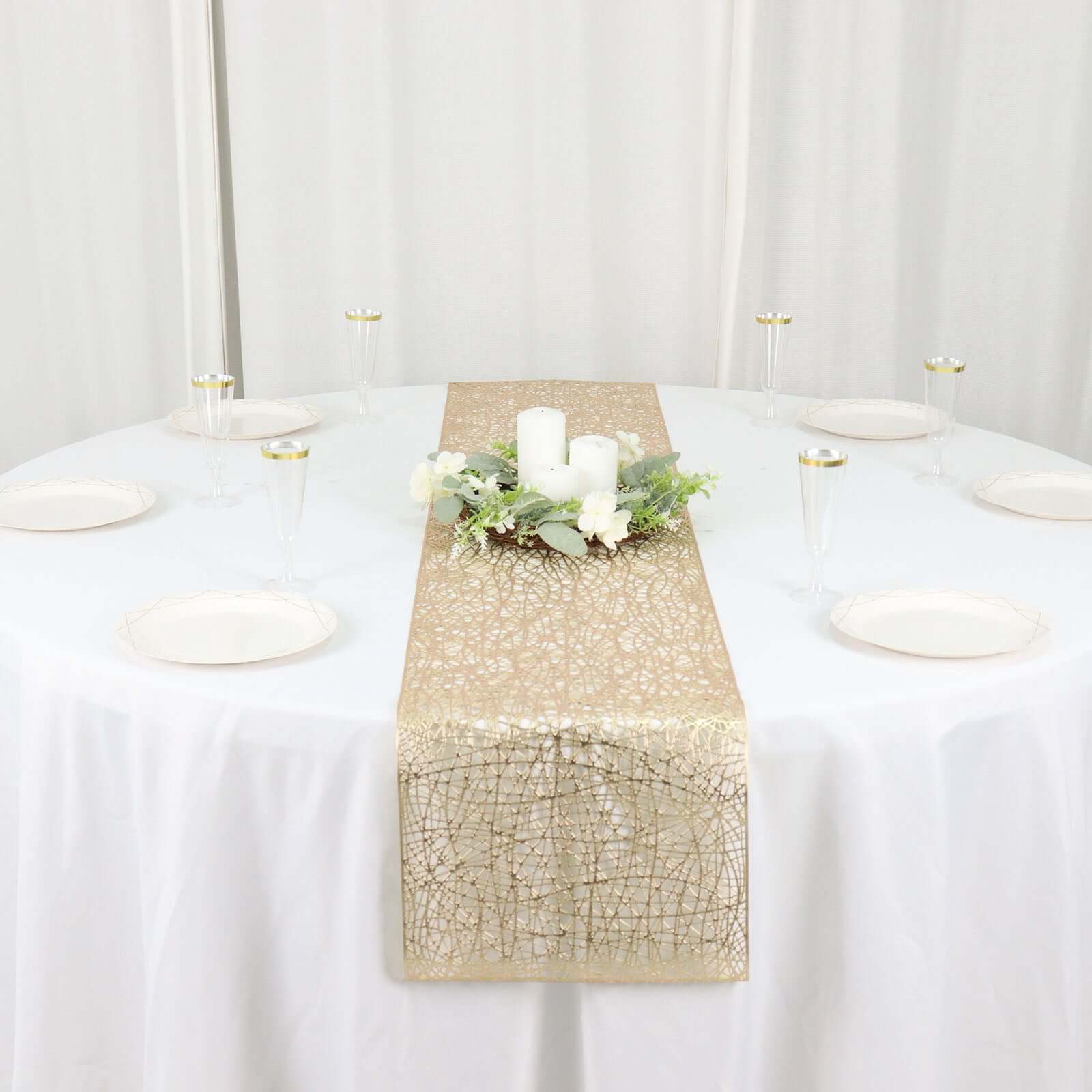 Plastic Woven Vinyl 13"x6ft Table Runner Metallic Gold - Non-Slip & Reversible Tabletop Decor