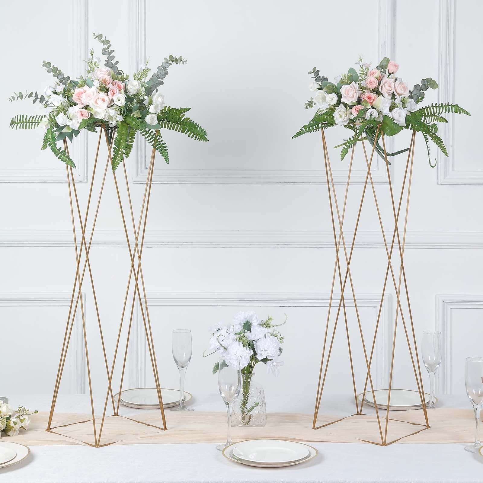 2-Pack Wedding Centerpieces Metal Geometric Crisscross Design Gold - Open Column Pedestal Stands 32"