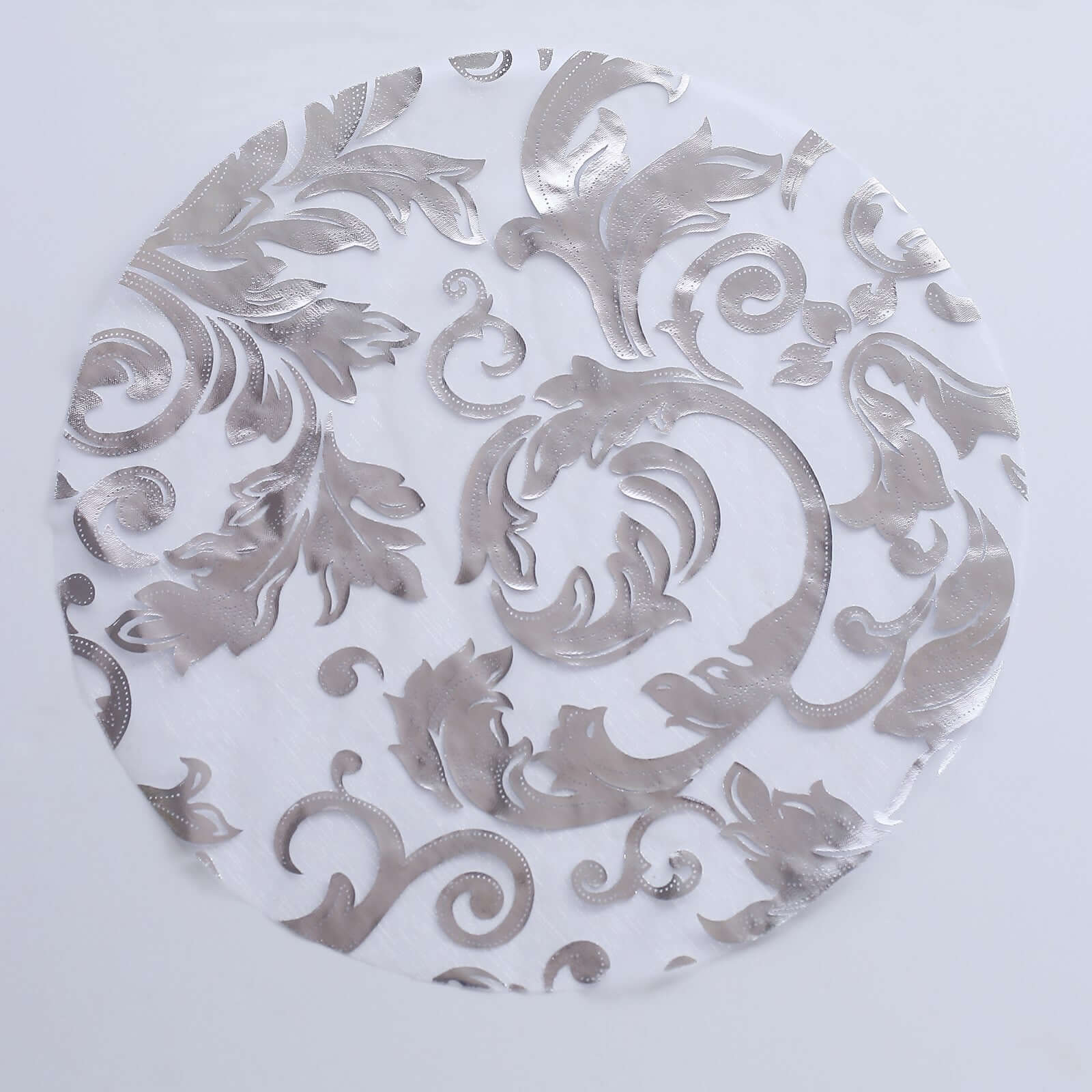 10-Pack Table Placemats Swirl Foil Floral Design Metallic Silver Round - Sheer Organza Disposable Mats 13"