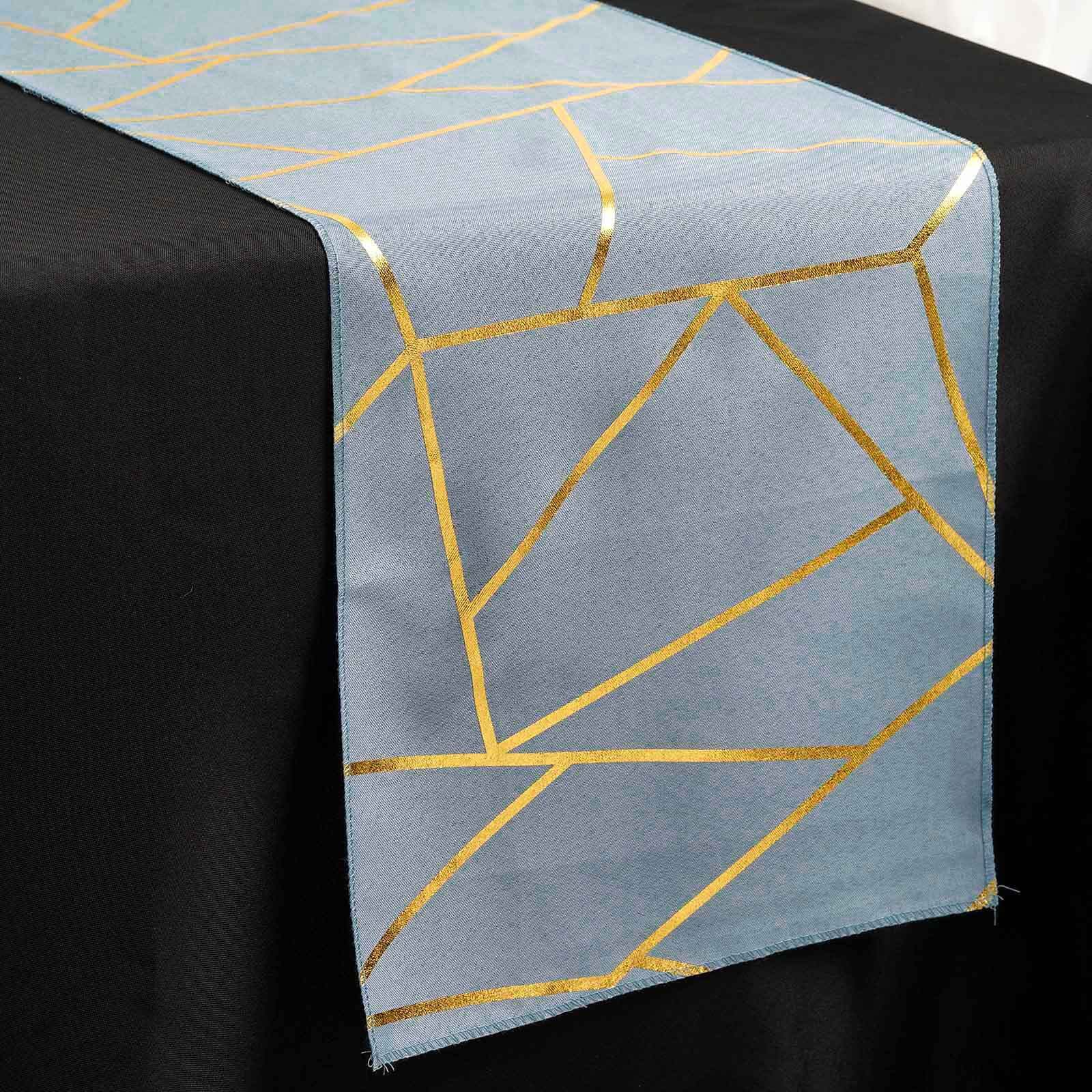 Polyester 9ft Table Runner Dusty Blue with Gold Foil Modern Geometric Accent