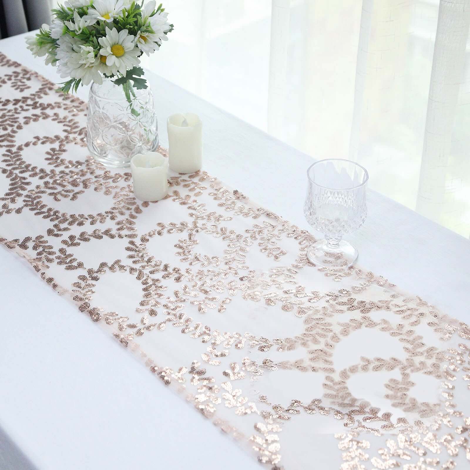 Mesh 12"x108" Table Runner Rose Gold - Leaf Vine Embroidery