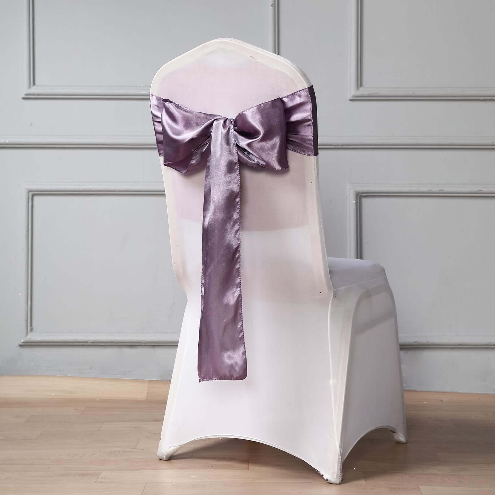 5 Pack Satin Chair Sashes Violet Amethyst - Durable Chair Bows with Shiny Finish 6"x106"
