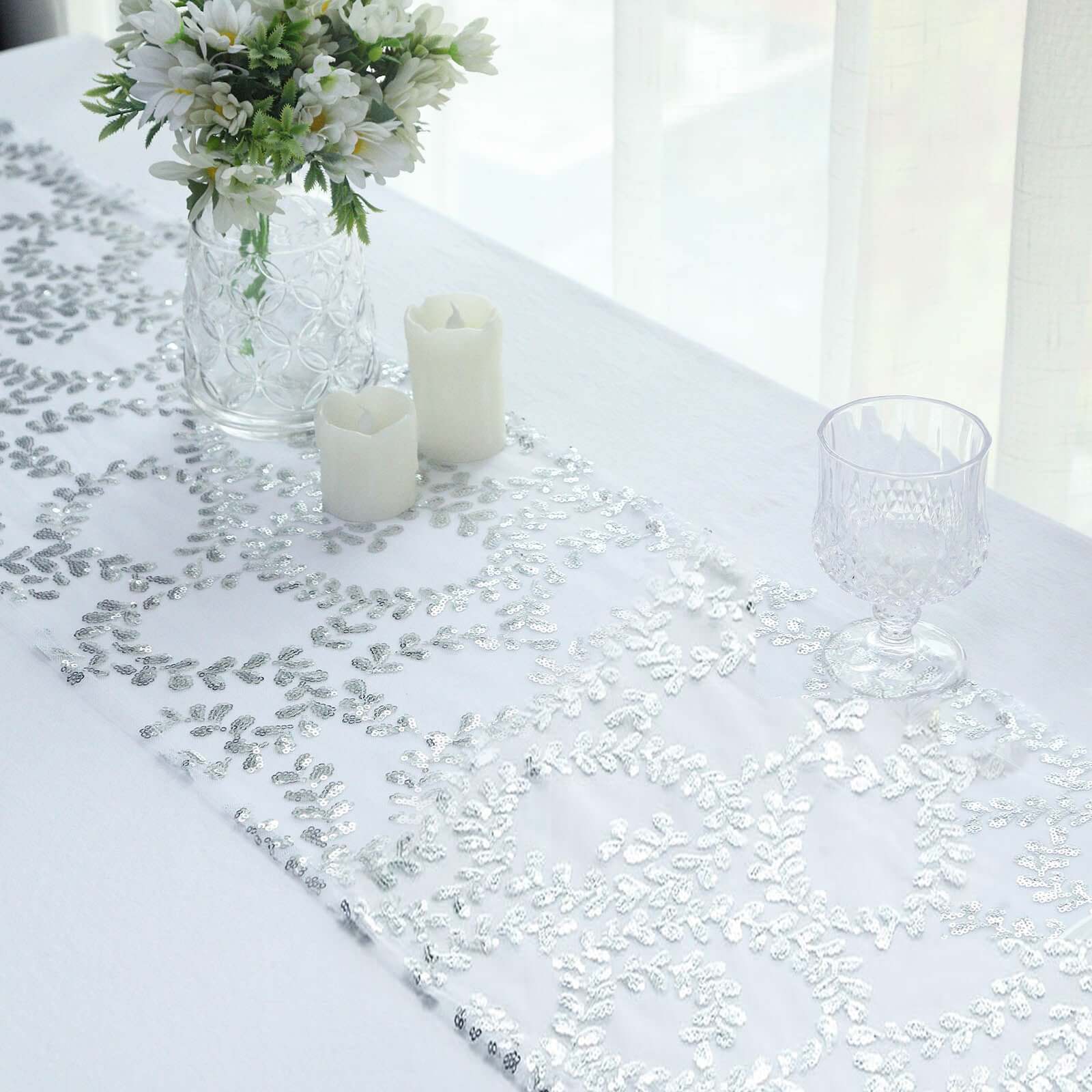 Mesh 12"x108" Table Runner Silver - Leaf Vine Embroidery