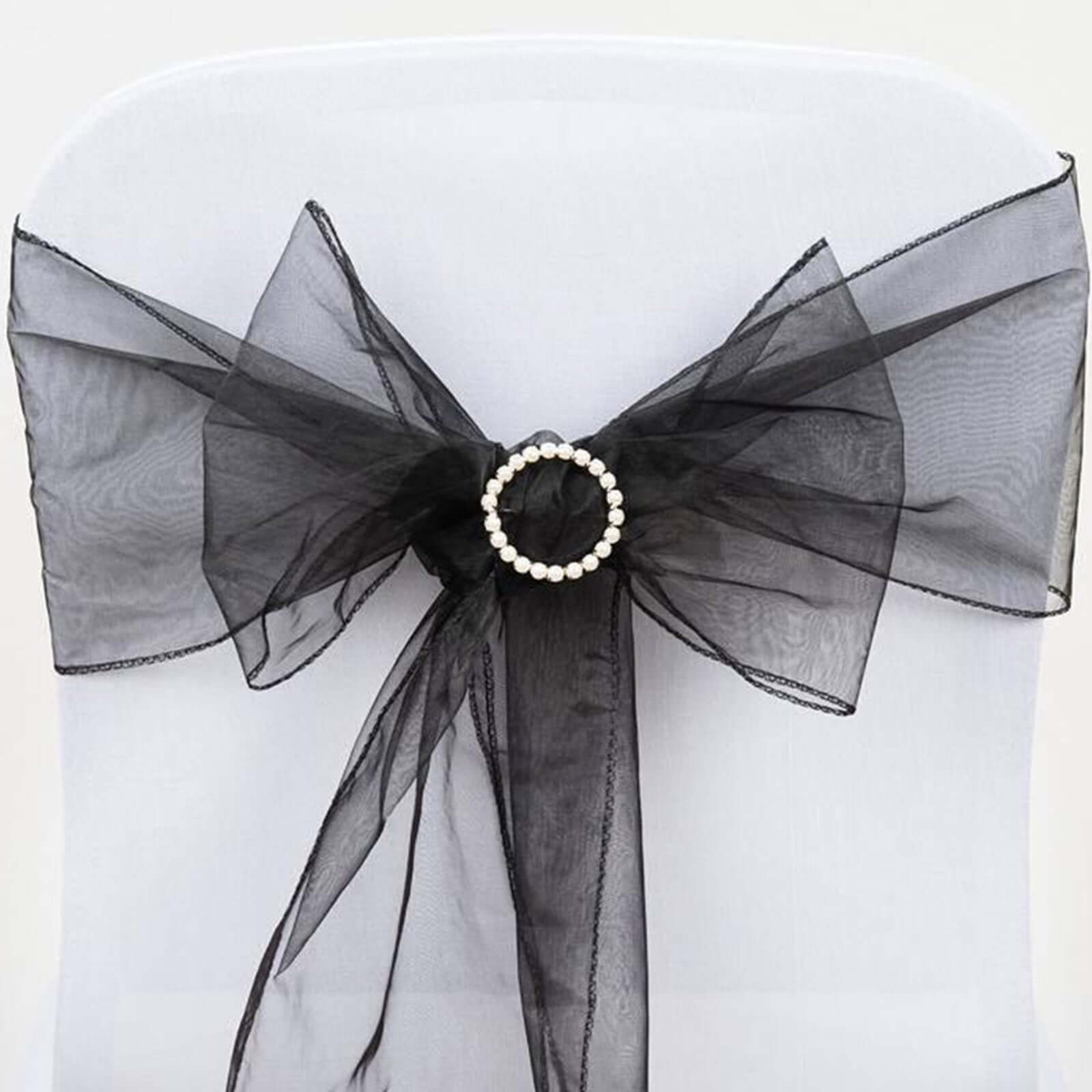 5 Pack Organza Chair Sashes Black - Timeless Reusable Sheer Chair Bows for Chic Events 6"x108"