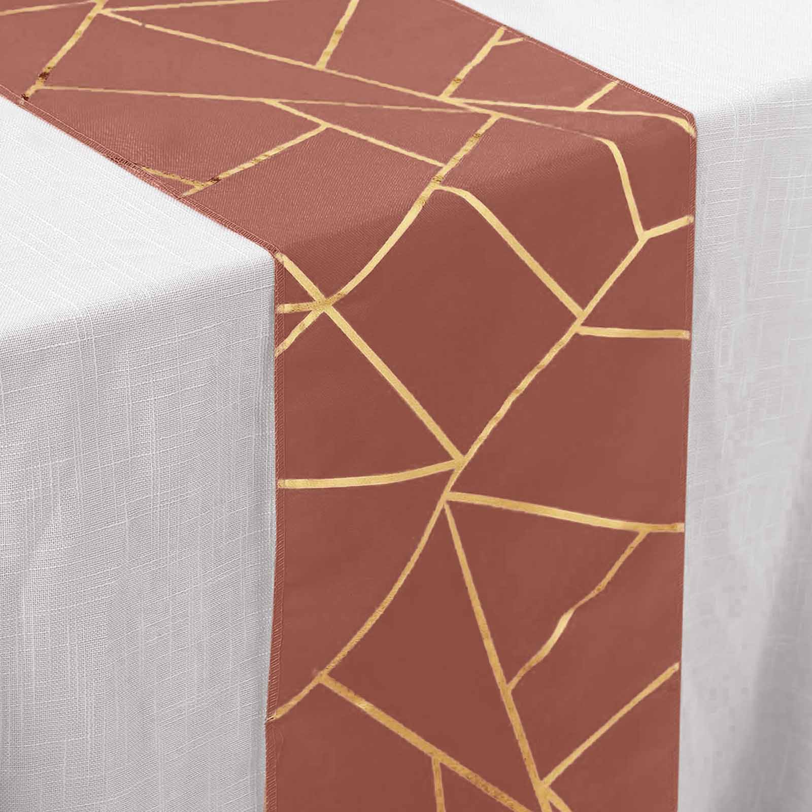 Polyester 9ft Table Runner Terracotta (Rust) with Gold Foil Modern Geometric Accent