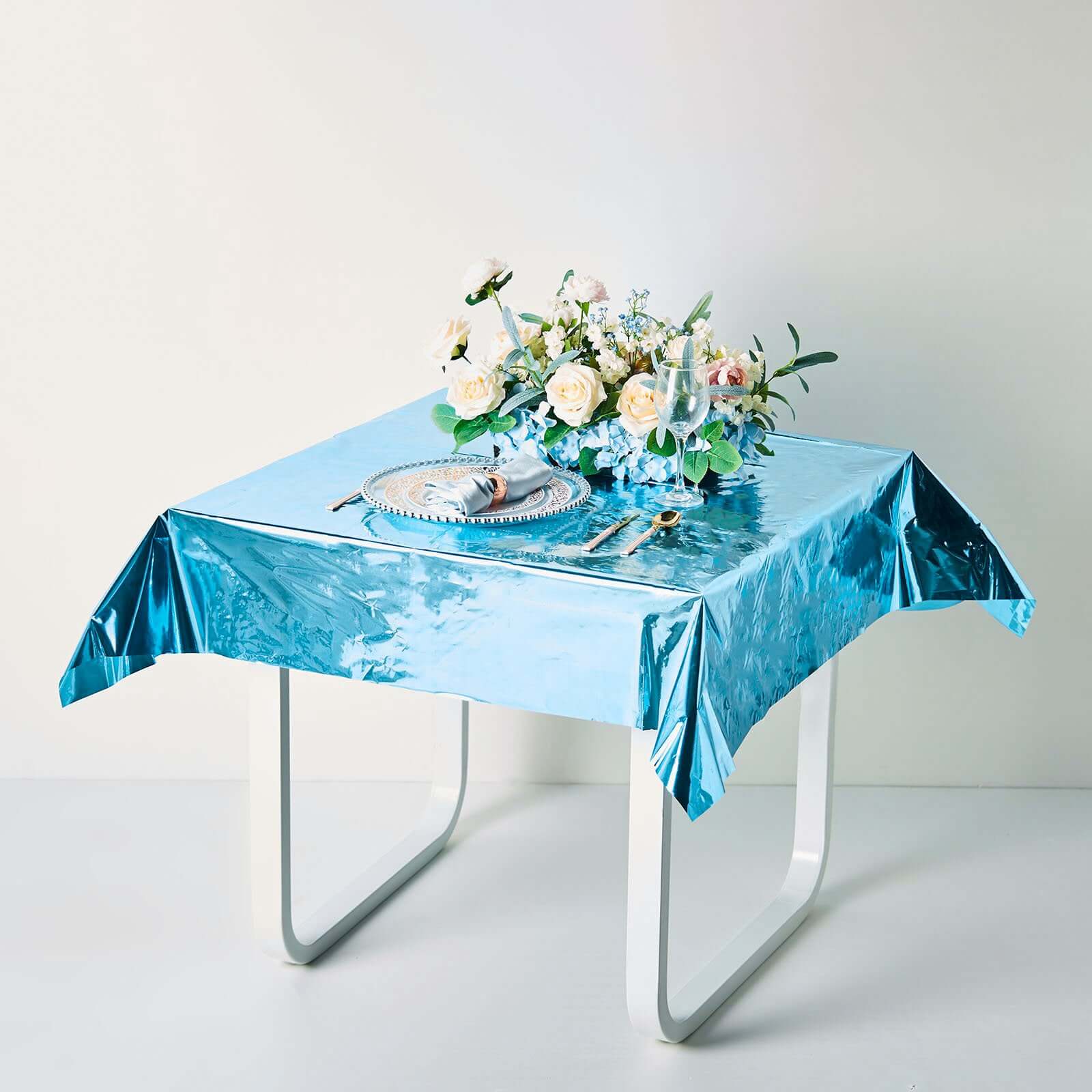 Metallic Foil Tablecloth Square Turquoise - Stylish Disposable Party Cover 50"x50"