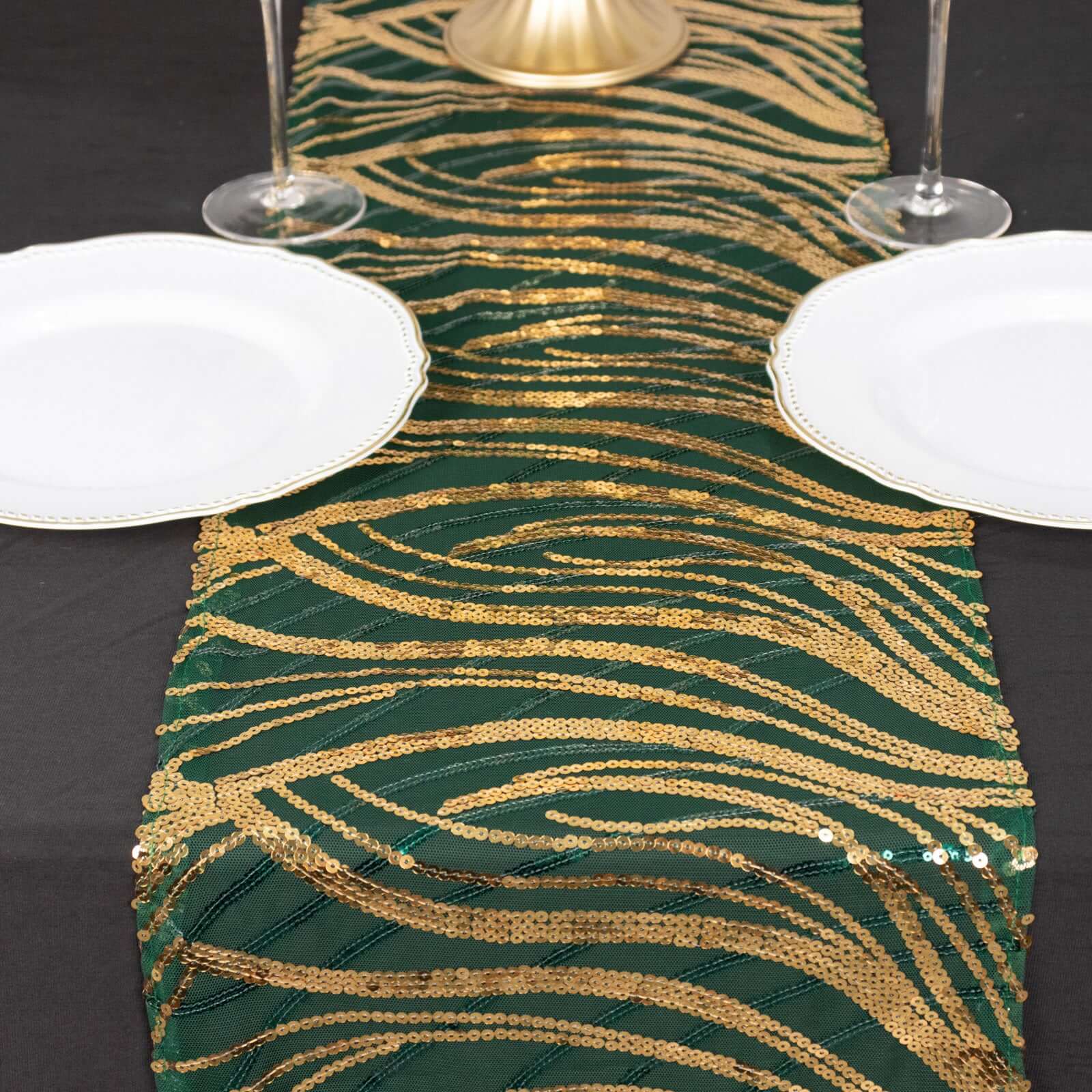 Sequin Mesh 12"x108" Table Runner Hunter Emerald Green/Gold Stylish Wave Embroidery