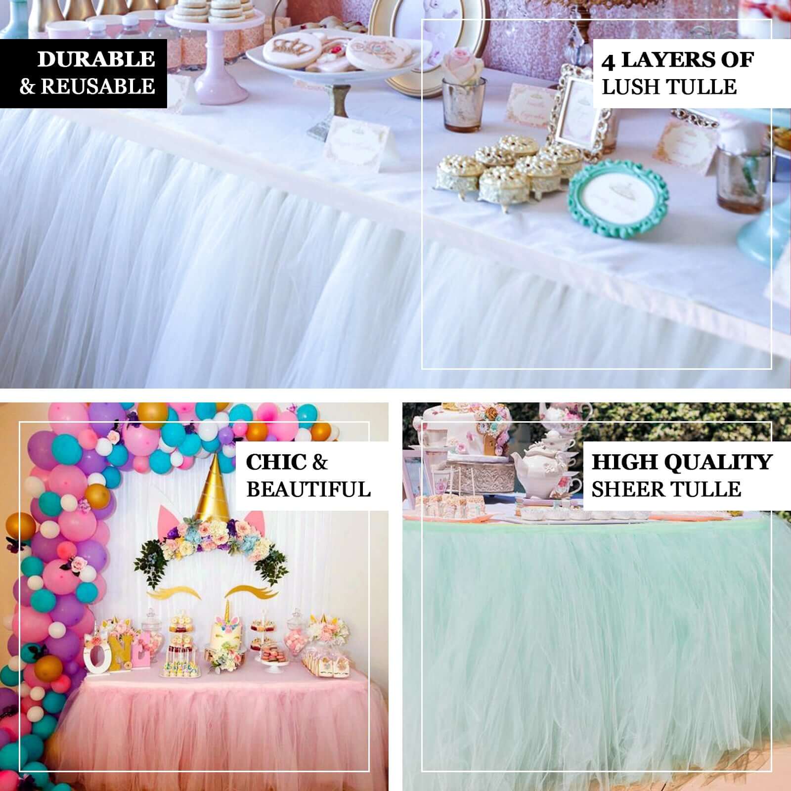 Tulle 17ft Table Skirt White - 4 Layer Pleated Tutu Chic & Soft Event Table Cover