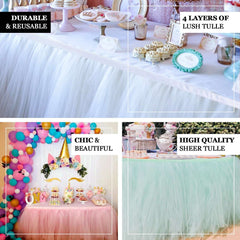 Tulle 17ft Table Skirt White - 4 Layer Pleated Tutu Chic & Soft Event Table Cover