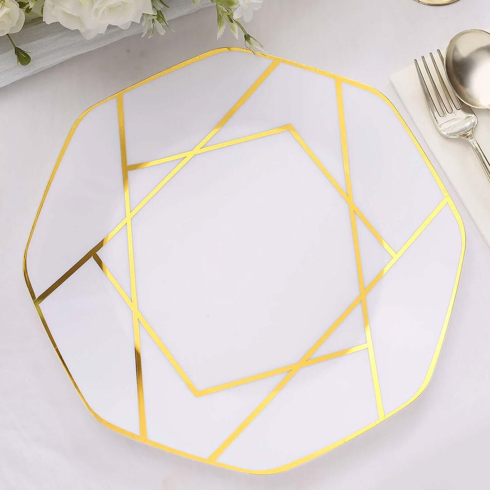 10-Pack Plastic 10" Octagon Dinner Plates in White - Modern Disposable Party Plates with Gold Geometric Design for Special Occasions & Celebrations