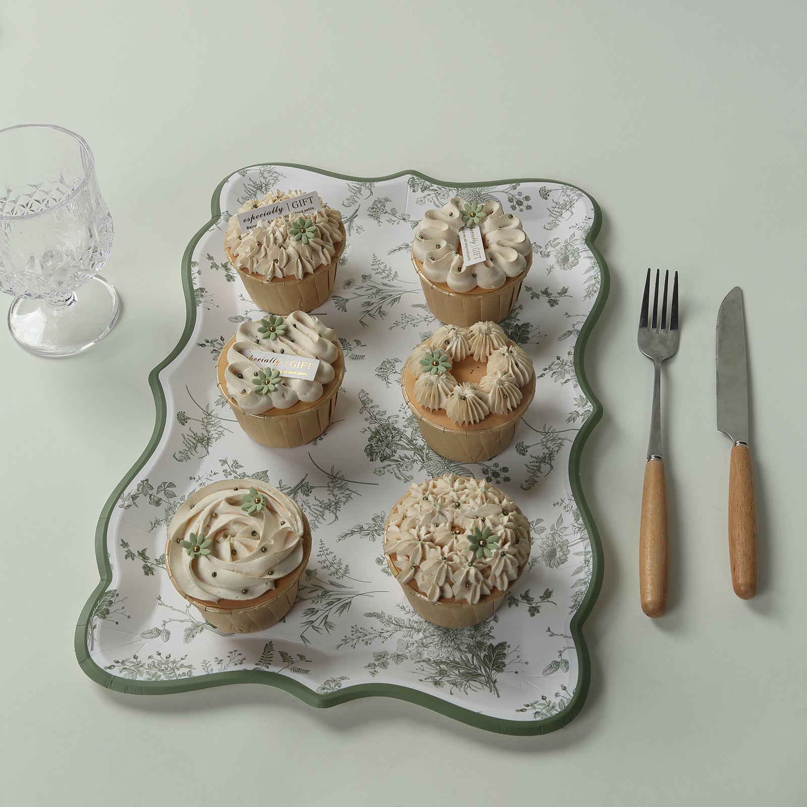 10-Pack Paper 14"x10" Rectangle Serving Trays White/Sage Green with French Toile Pattern for Weddings & Parties